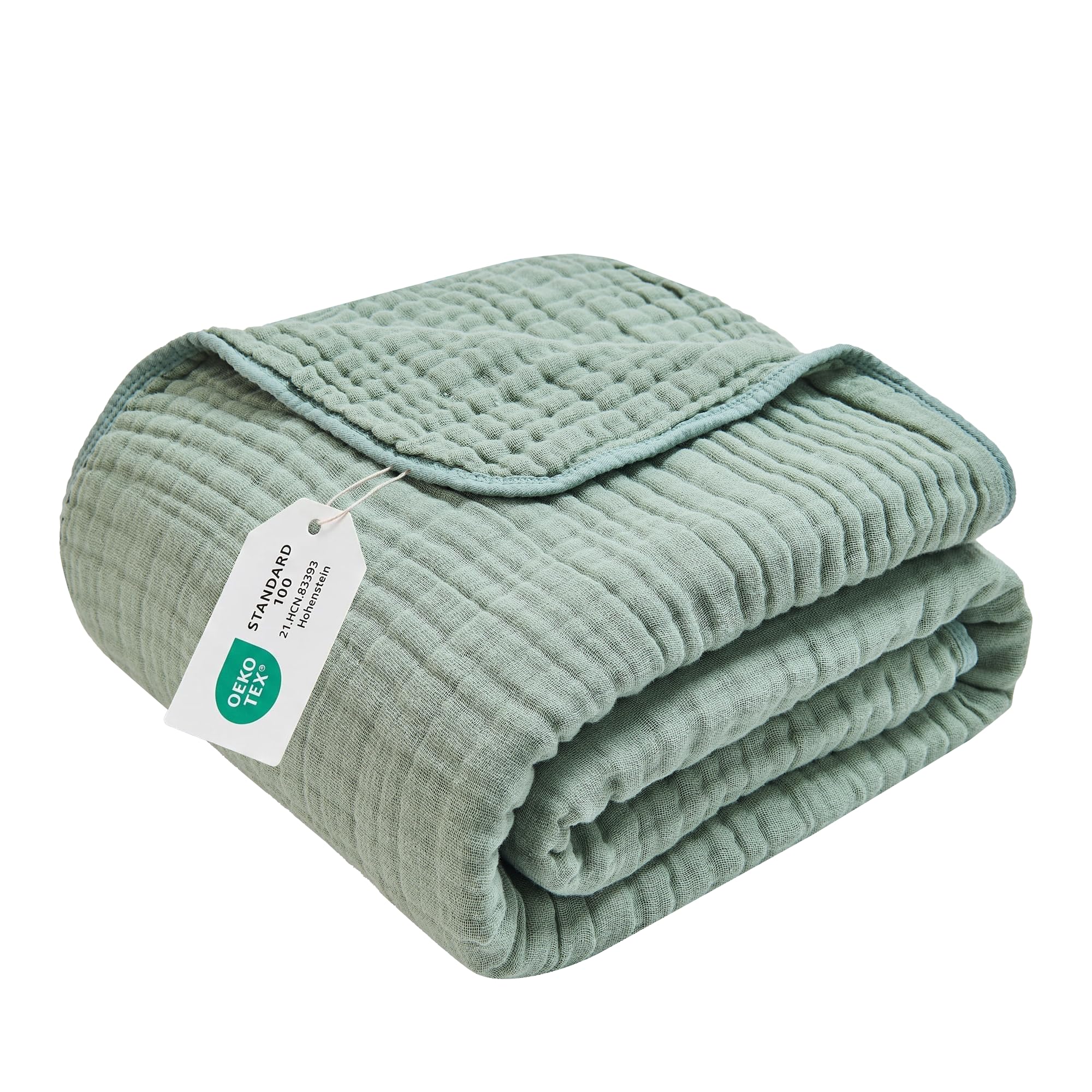 VANJOROY 100% Natural Cotton Throw Blanket, 6-Layer Muslin Organic Soft Cozy Lightweight Large Bed Throw for Sofa and Armchair - All Season Gauze Blanket,Green-150x200cm
