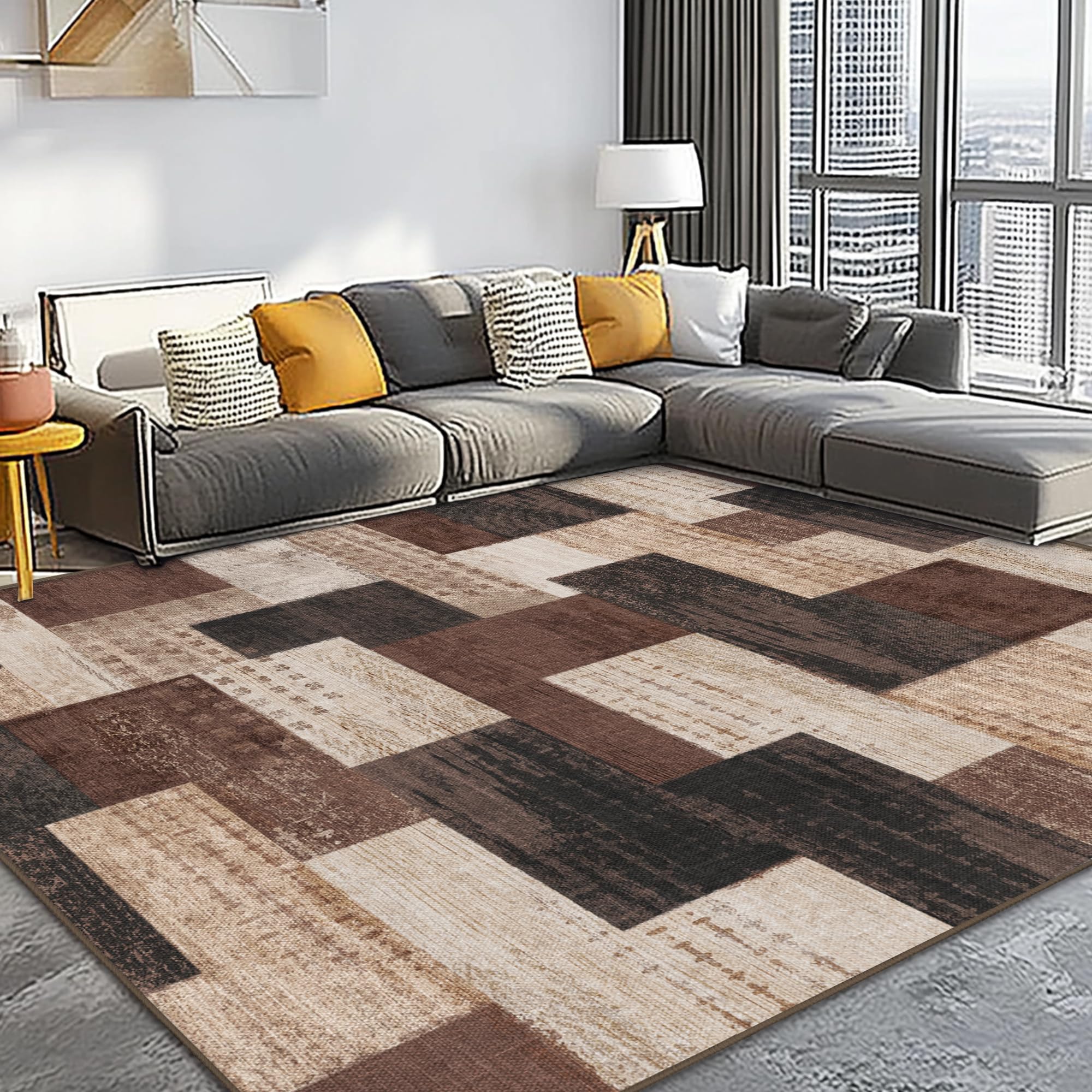 Moderne Geometrische Patchwork Indoor Wohnzimmer Teppich, Schokolade 160x230 cm Große Teppiche Rockwood Sammlung Böden Dekor für Schlafzimmer, Braun Weich Kurzflor Waschbar Teppich Gegend