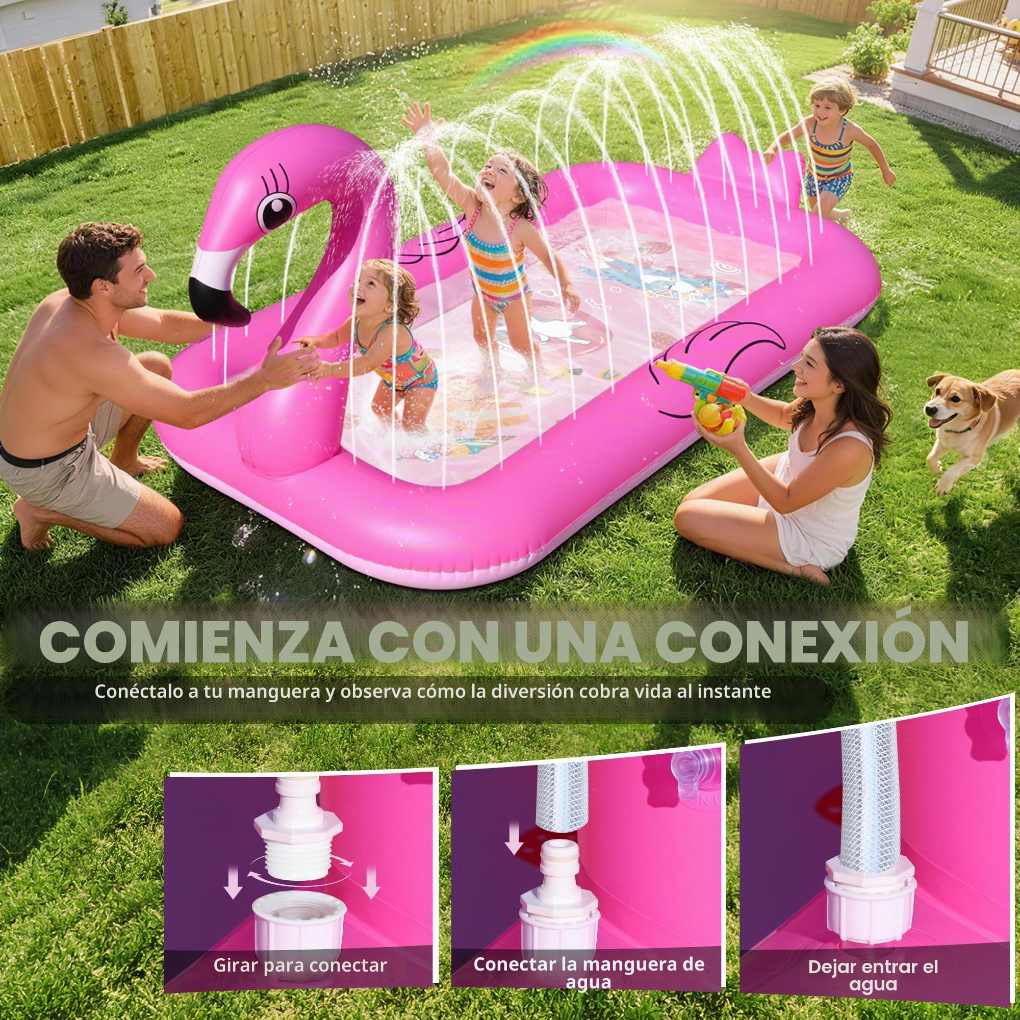 KingSom Splash Pad,Flamenco Tapete de Juegos de Agua,Almohadilla para Aspersor Espesado,Juego de Agua para Niños,Juegos de Aguas para Exterior,Hinchable Salpica de Jueg Aguas,Ideal función para Jardín