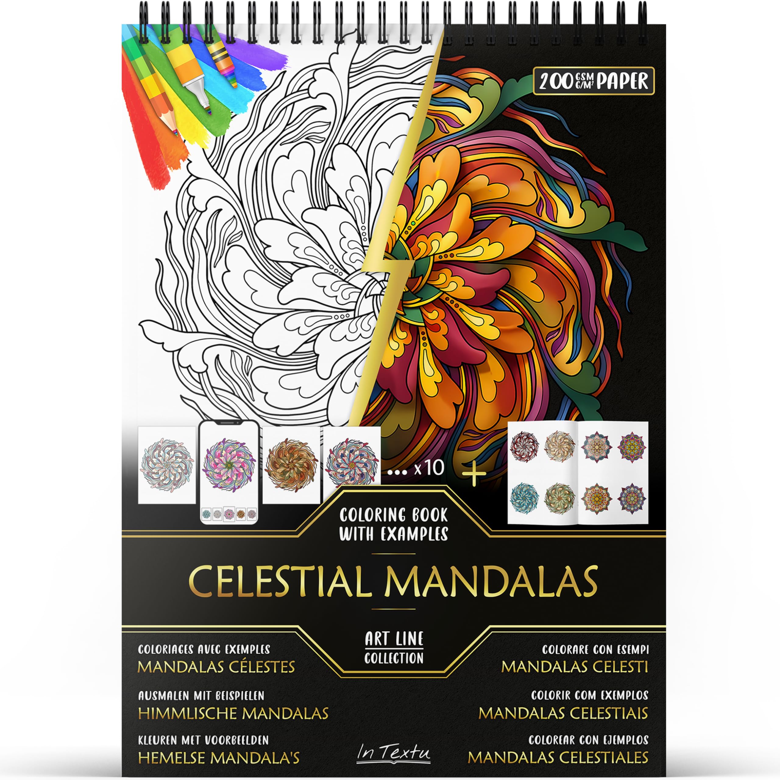 In Textu Colouring Book - Celestial Mandalas - Coloring Book For Adults And Teens With Inspiring Colored Examples - Premium Paper 200G/M2 - Fine Spiral Bound - Anti-Stress Coloring Book