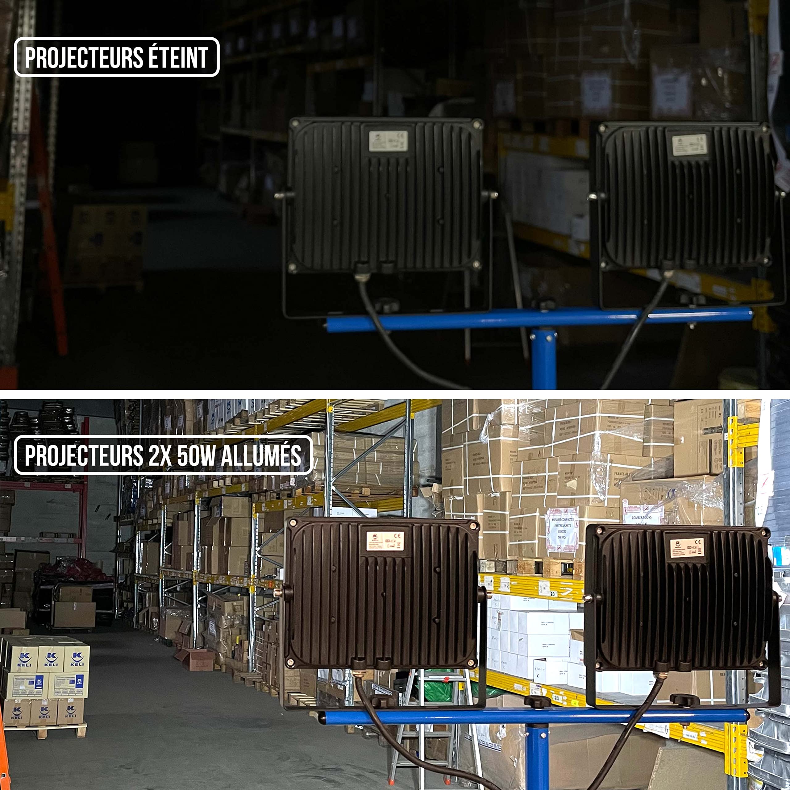 KELI - Projecteur De Chantier LED 2x50W, 2 Têtes Sur Pied télescopique, Qualité Professionnelle, 7500 Lumens, Etanchéité IP65,