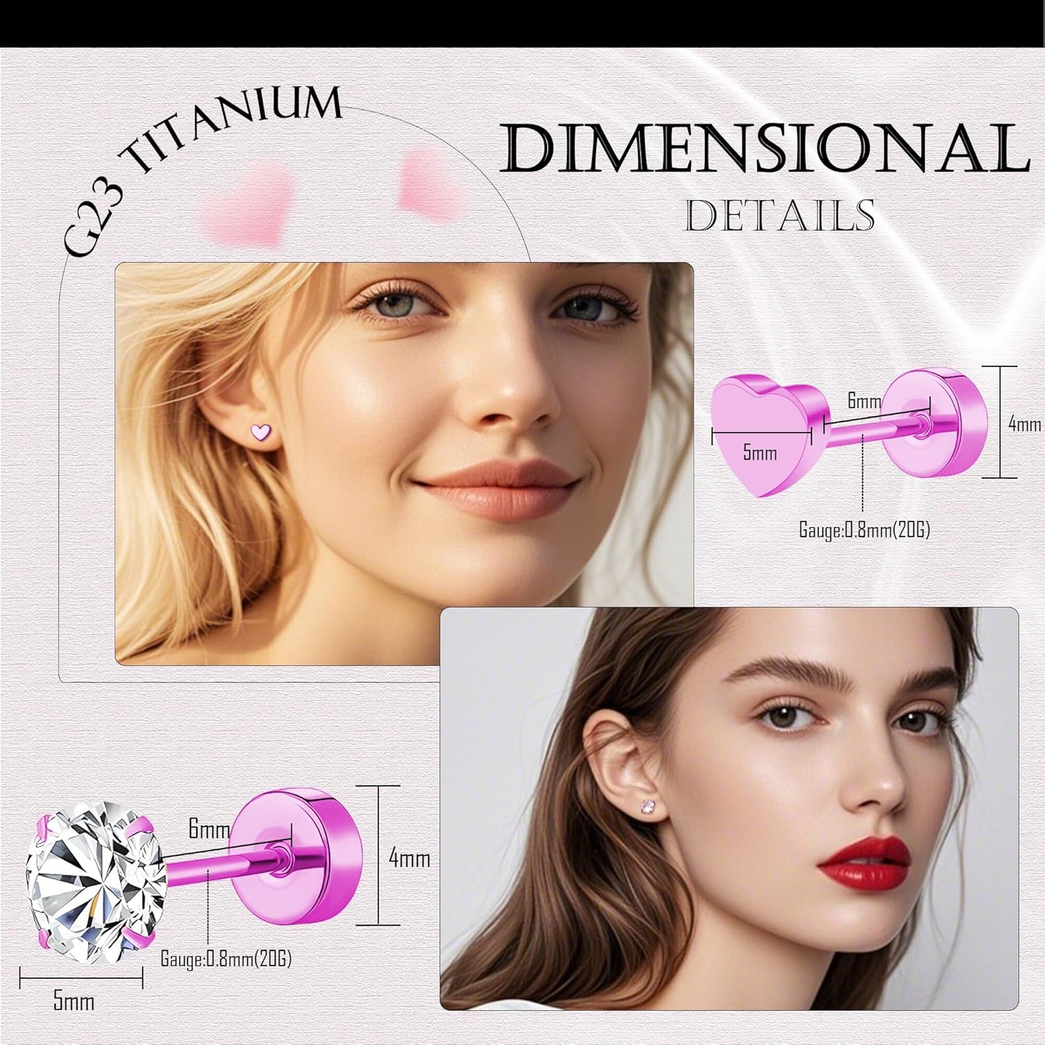 2 Pairs Flat Back Earrings Women, Titanium Star and Moon Earrings, Heart & CZ Flatback Stud, Butterfly & Lightning Screw Back, Crosses and Triangles Stud, Gold/Pink/Silver/Black Options - Image 2