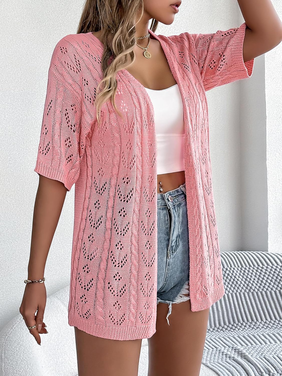 Beautiful Nomad Women's Summer Short Sleeve Crochet Cardigan Sweaters Lightweight Boho Knit Kimono Outwear - Image 4