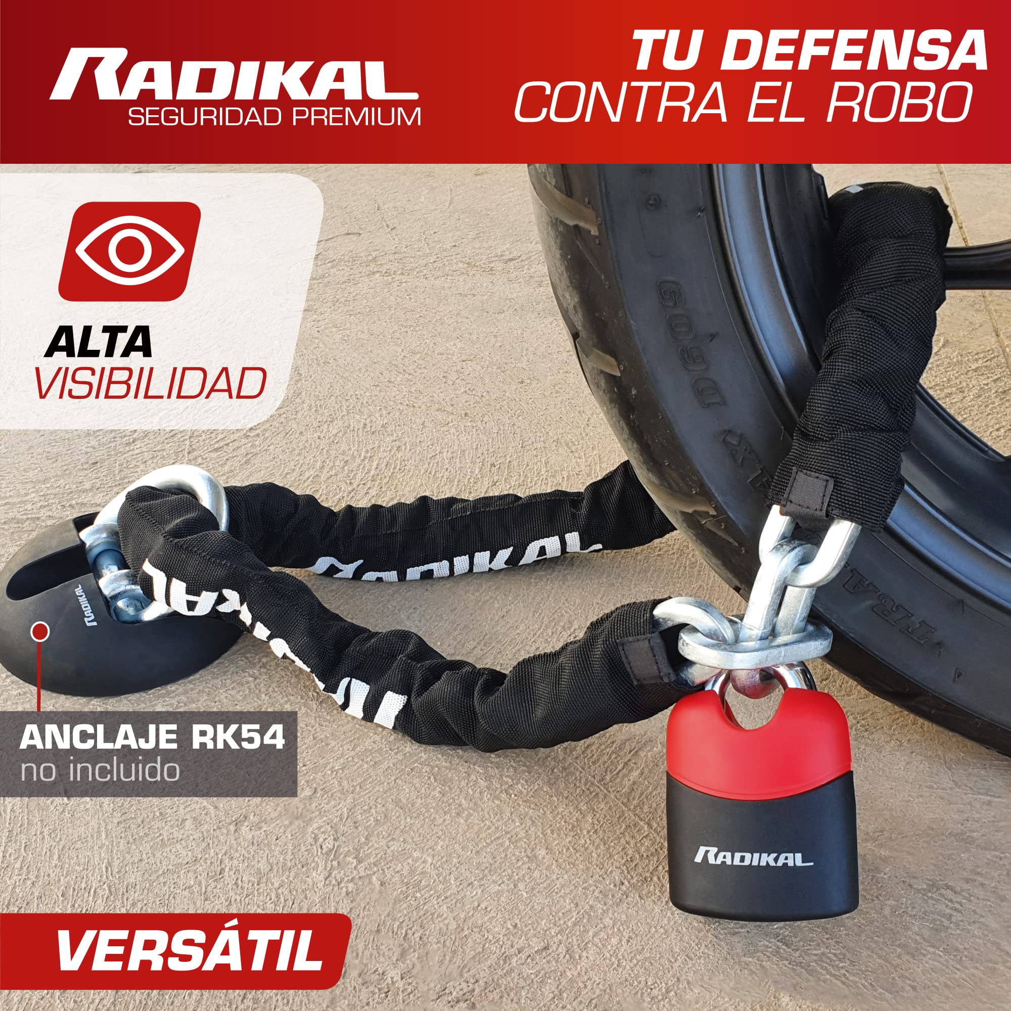 ‎RADIKAL RK4120 Candado Moto Cadena Antirrobo, Acero cementado alta seguridad ø10, Candado Bici Eléctrica, Cadena Seguridad Garaje Anclaje, Cadena Antirrobo Moto, Scooter Bicicleta, 120cm