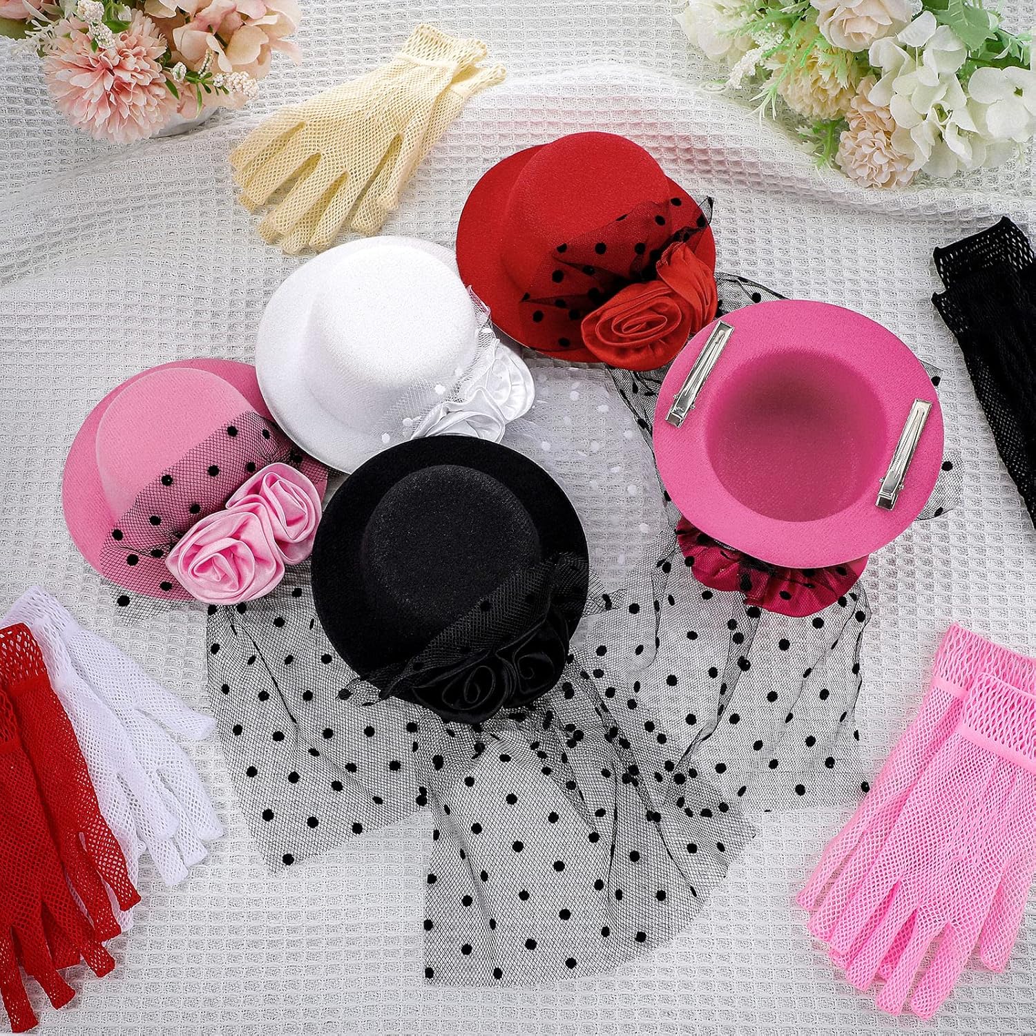 Chunyin 10 Pcs Girls Tea Party Hats for Girls Mini Hat Hair Clip Fascinator Veil Mesh Hat and Gloves Sets Tea Party Accessories for Kids Children 5.3'' Diam - Image 3
