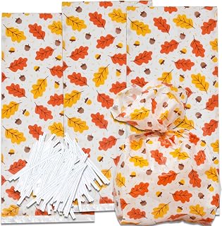 Gift Boutique 100 Thanksgiving Cellophane Bag Plastic Fall Leaves Treat Favor Bags Autumn Harvest Themed Birthday Party Supplies Decorations for Kids Classroom Reward, Carnival Candy Goodies Grab Bag