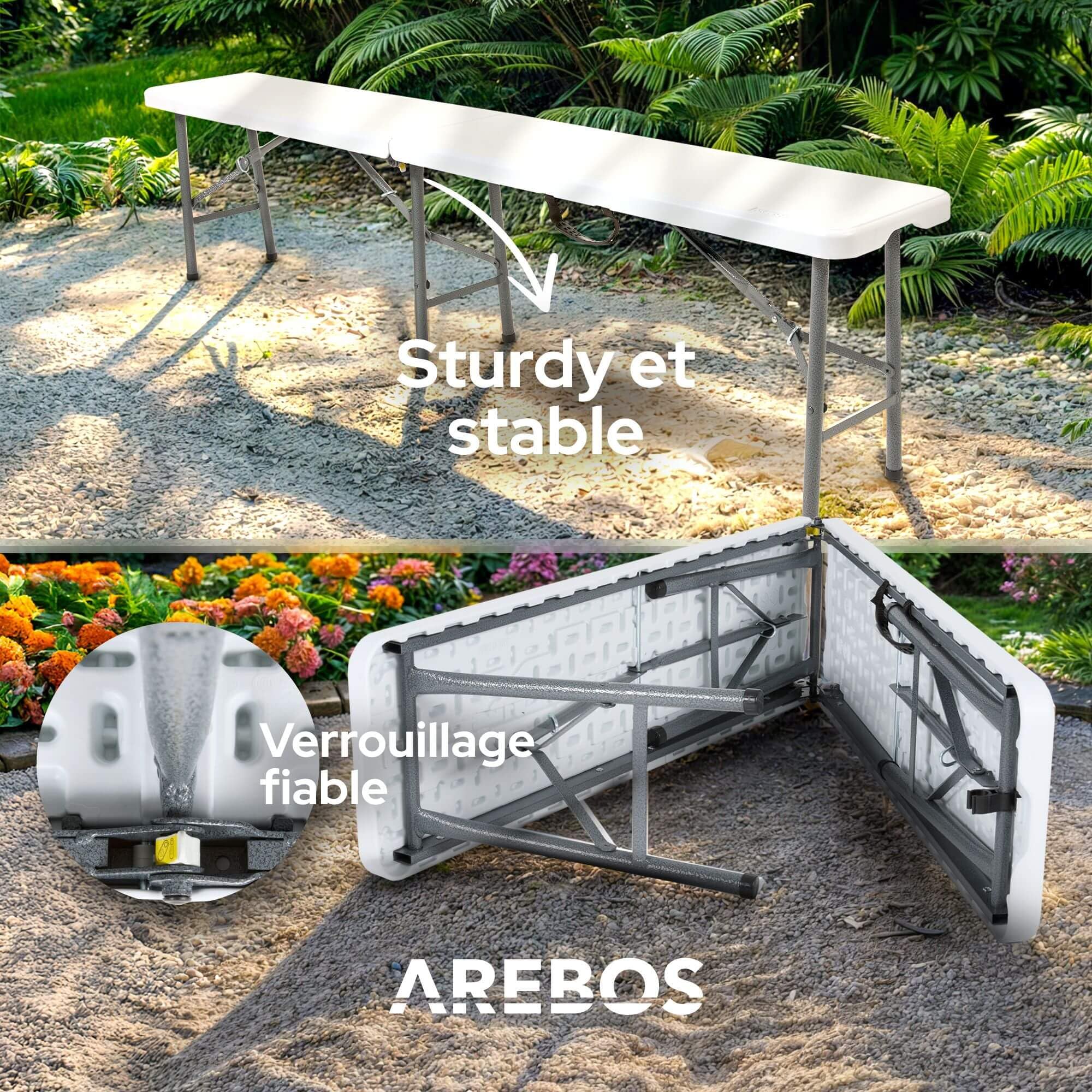 AREBOS Banc de Brasserie Pliable 2X | Bancs pliants 183 x 28 x 43 cm avec poignée de Transport | Banc de Jardin, Camping, fête | Ensemble 2 pièces Robuste | Blanc