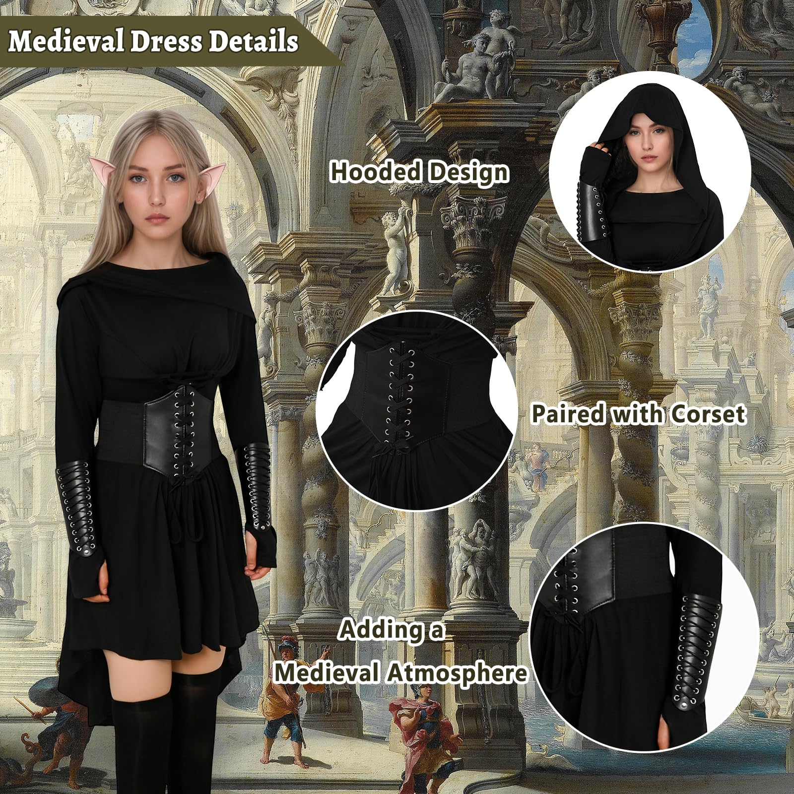 Vestito medievale da donna in stile gotico, con cappuccio, per donna, con corsetto, per carnevale, Halloween, feste