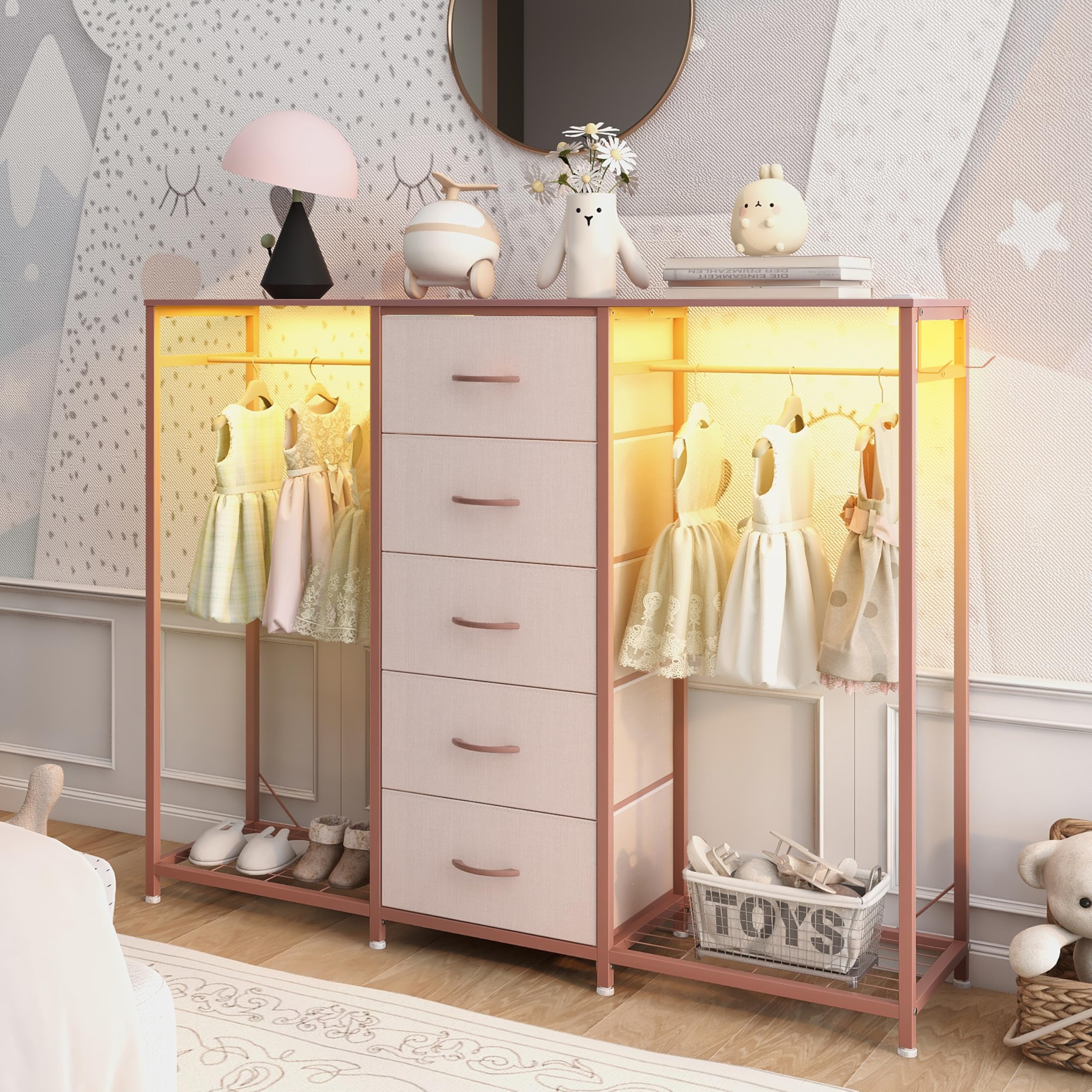 Cómoda para dormitorio con perchero, cómoda de 5 cajones con estación de carga, luces LED, cómoda blanca, estante flexible y espacio de almacenamiento abierto para dormitorio, sala de estar 4