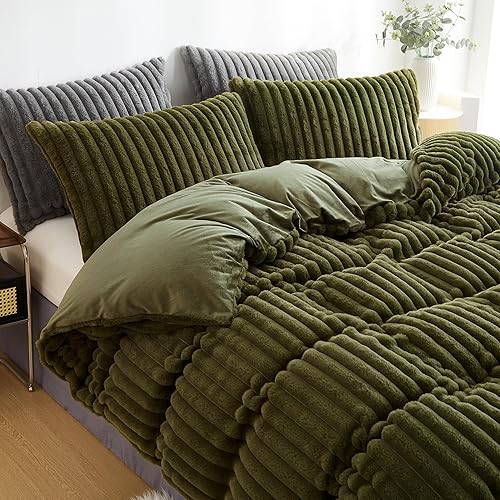 Miniatura 3 de Bildenly Juego de funda de edredón mullida, tamaño King, ultra suave, de piel sintética, color verde, cálido, a rayas, verticales, juego de cama de