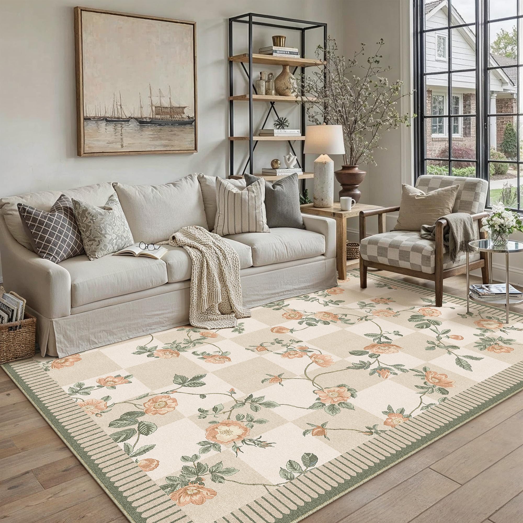 PureCozy Waschbarer Teppich Wohnzimmer Vintage Böhmischen Kariert Flower Tepich