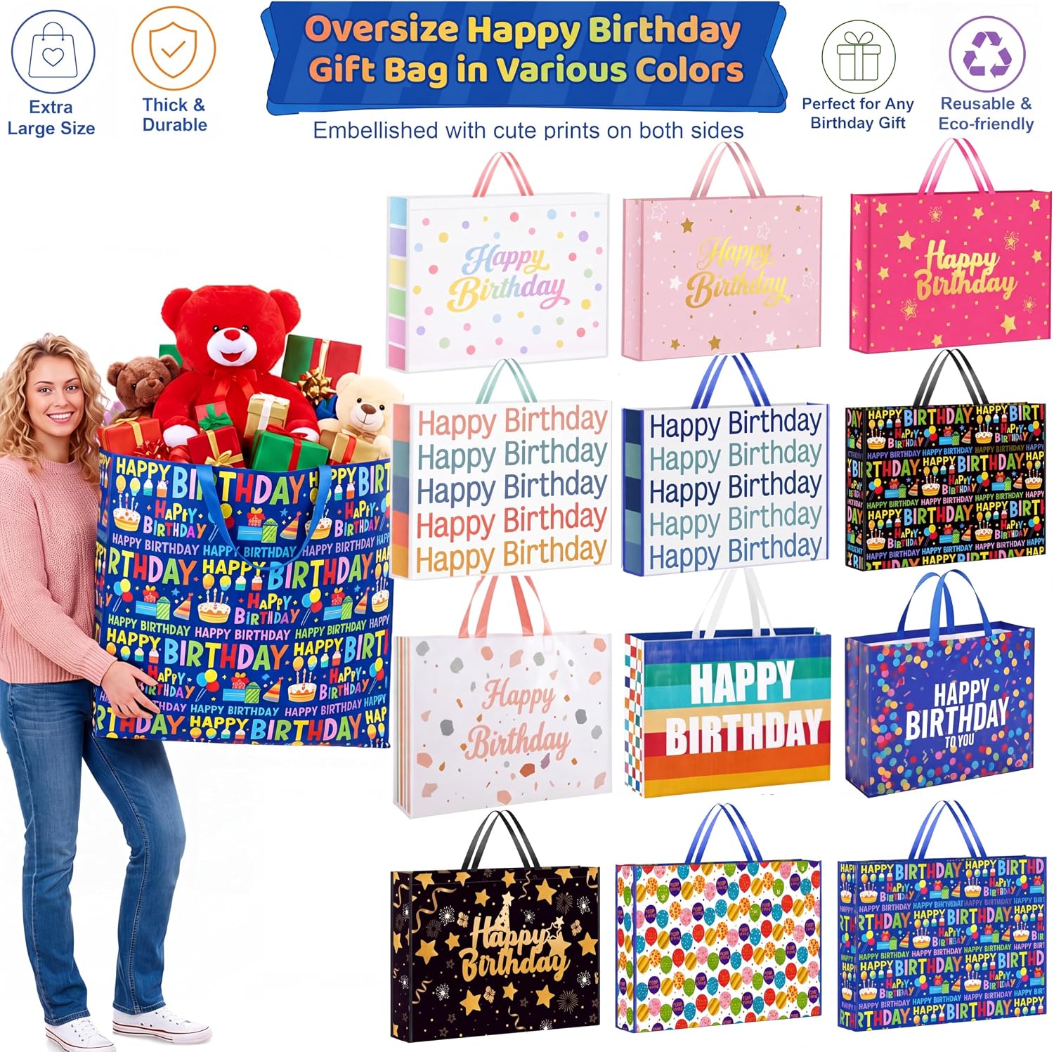 Pickmesh 1 Pcs Extra Large Birthday Bag 31.5x23.6x7.9 Inch,PP Woven