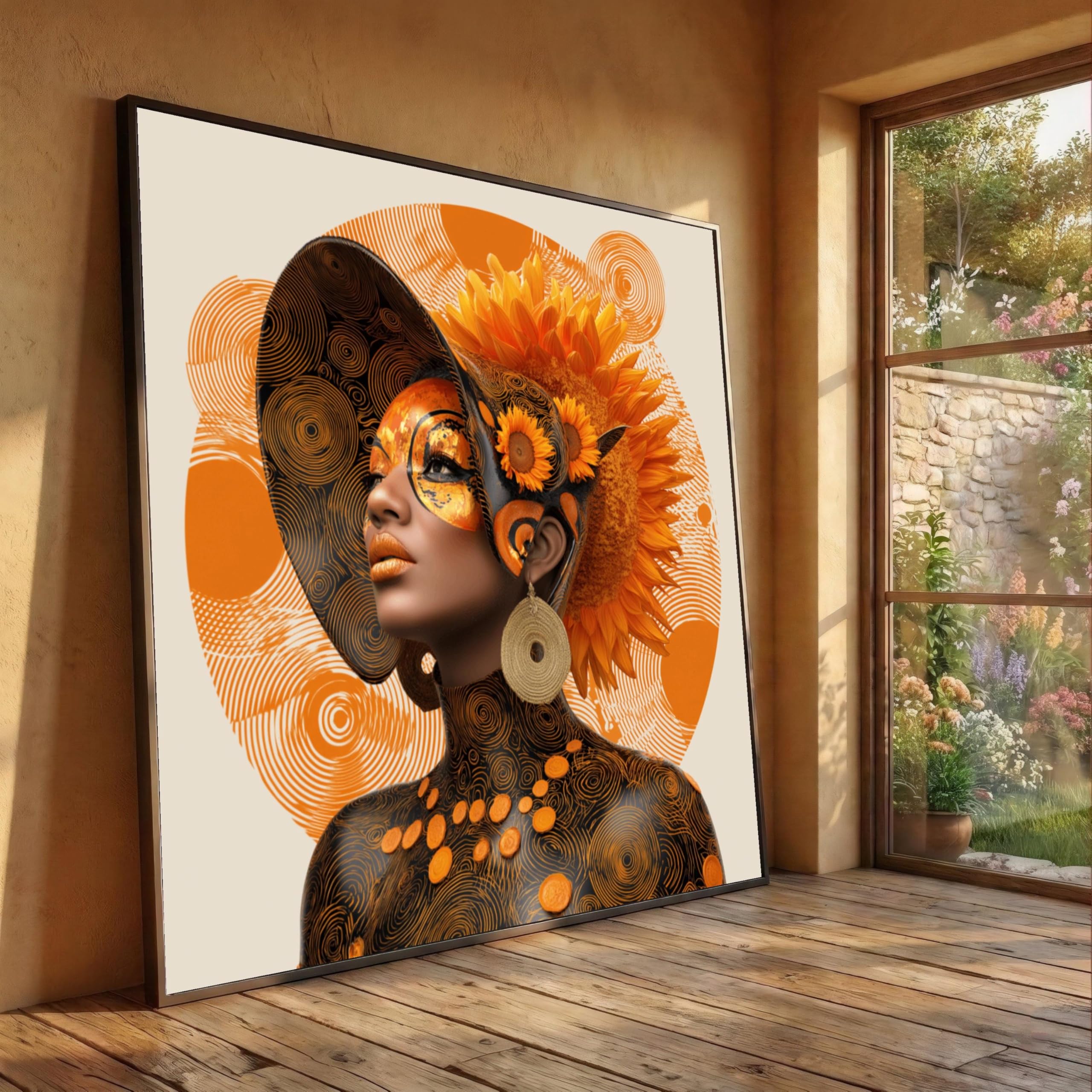 CAOXTART African Woman Portrait Pictures, Abstract Sunflower Art Painting, Ethnic Cultural Wall Decor, Orange Face Canvas Prints(60x60cm/Frameless)