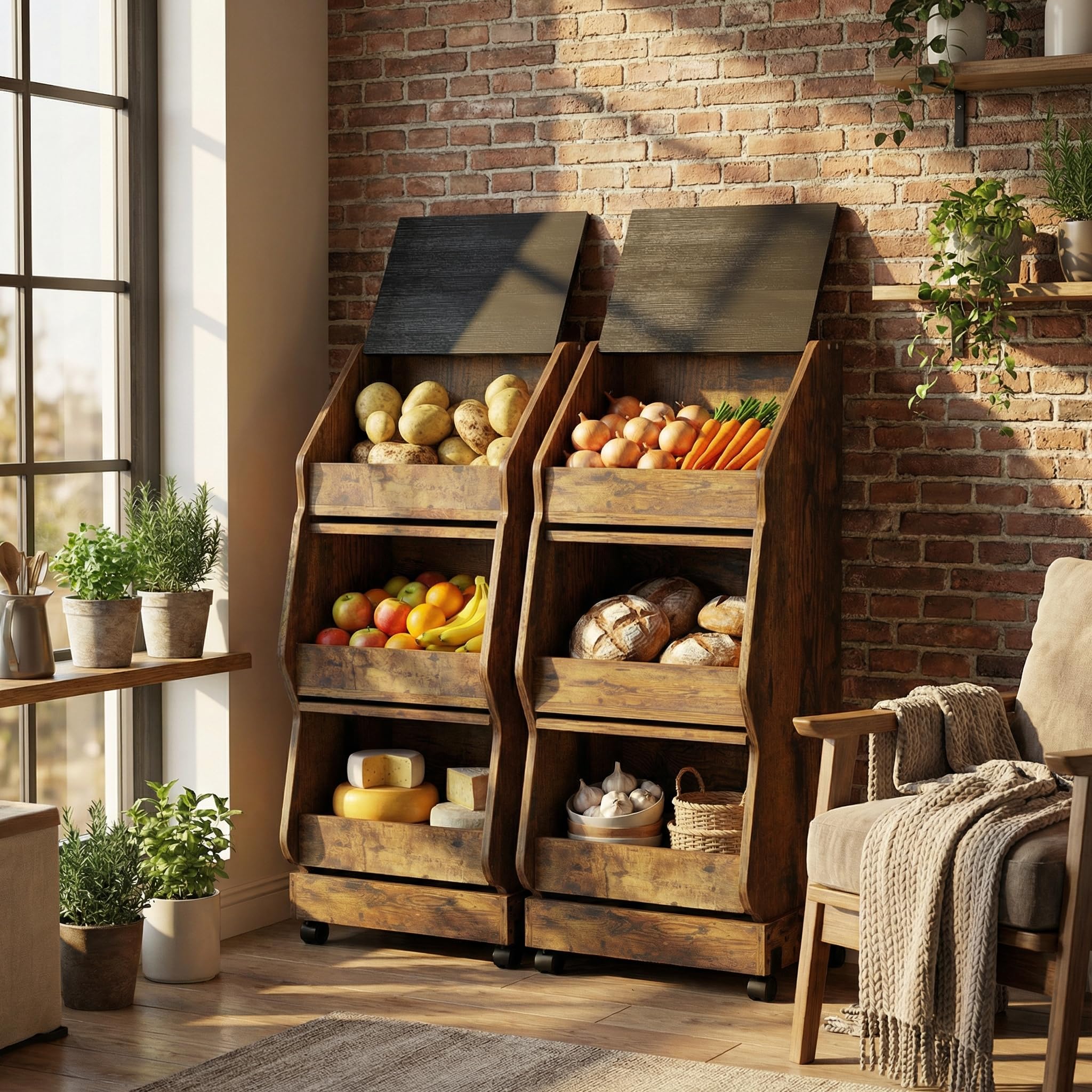 YU YUSING Garde Manger Grillagé Fruits Légumes XXL-3 Étagères avec Roulettes, Rangement Pomme de Terre Cuisine, Boîte à Pain Mobile en Bois avec Couvercle, Chariot Stockage, Fromage, Marron Rustique