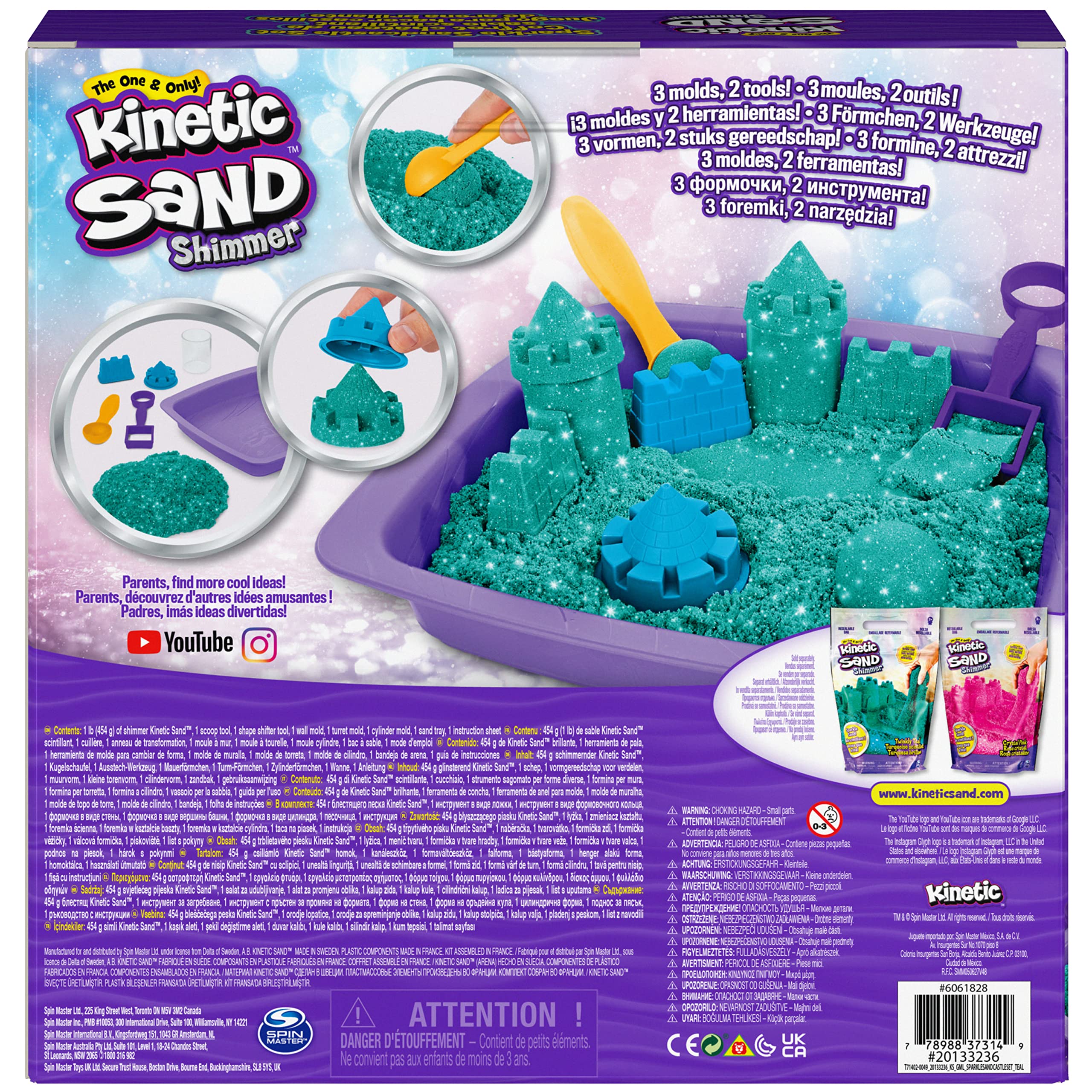 Kinetic Sand |Zamek Shimmer Sand | Piasek kinetyczny 454gr | Magiczny piasek | Zielony Kolorowy Piasek | 3 akcesoria i tacka W zestawie | zabawki dla dzieci i dziewczynek 3 lata