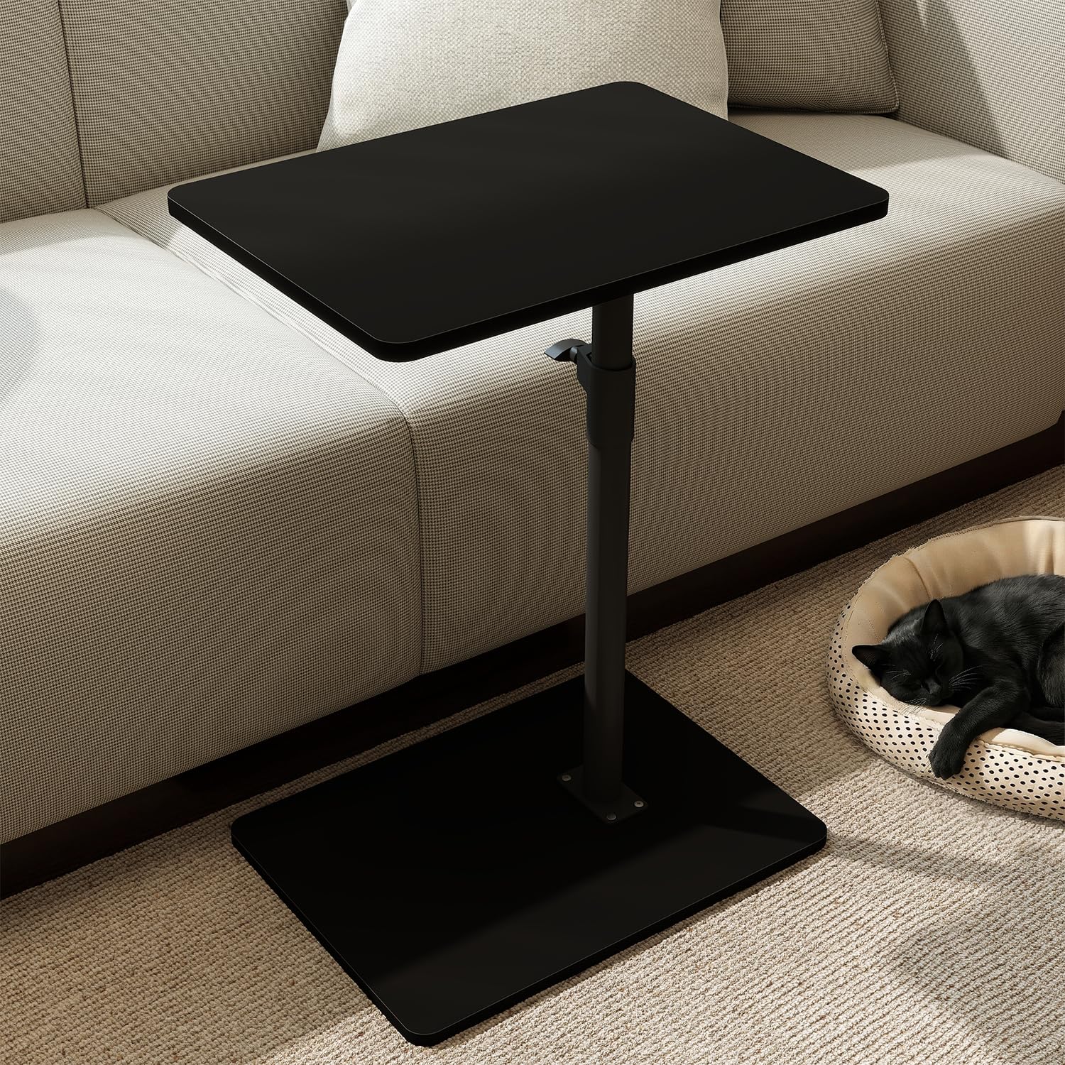 YUHFERA Sofa Armrest Tray Table for Couch - 360 Swivel Height Adjustable C-Shaped End Table for Small Spaces, Snack Side Table for Bed or Chair with Phone &amp; Tablet Slot, Black, Enlarged