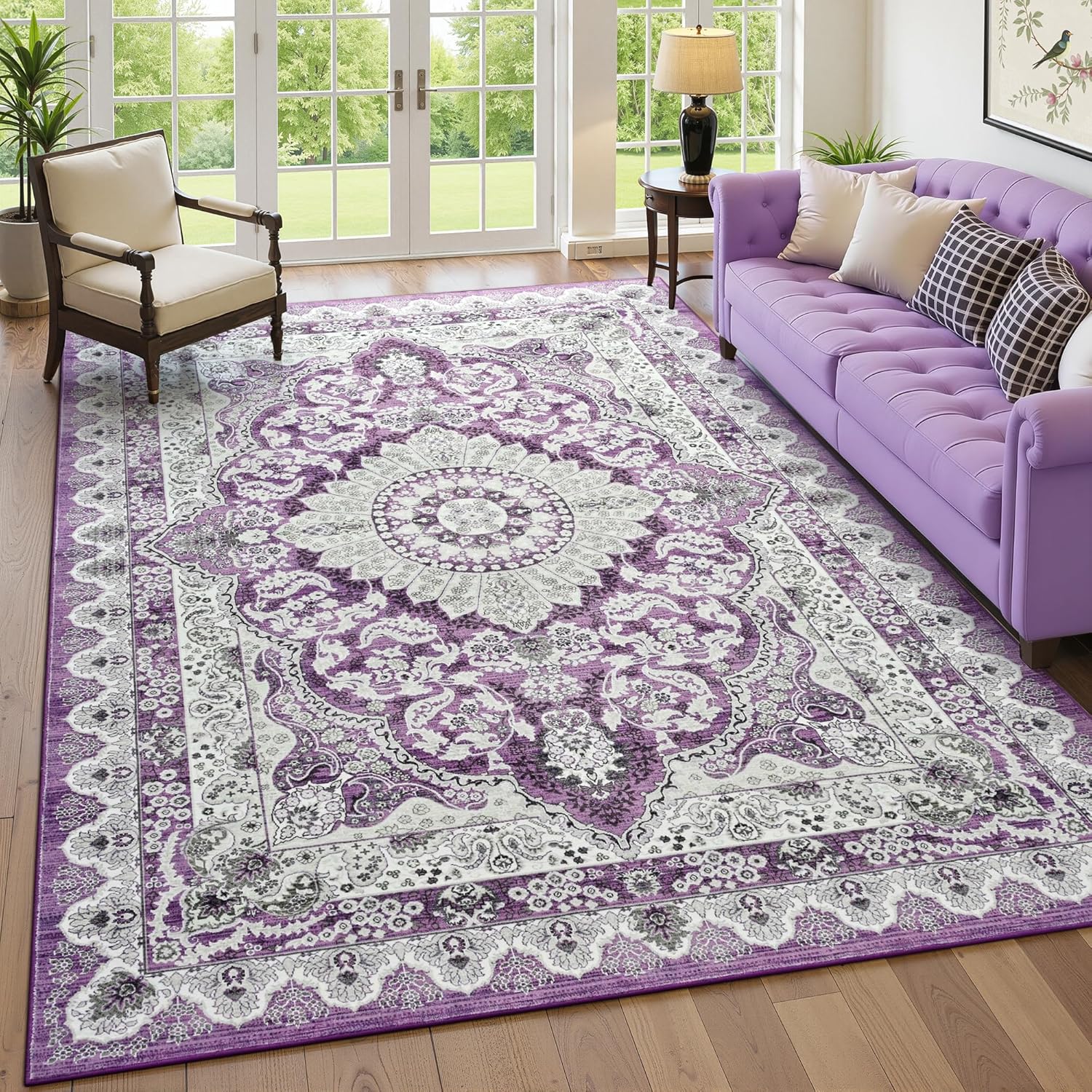 Foxmas 8x10 Area Rugs for Living Room, Machine Washable Vintage Rug, Non-Slip Low Pile Throw Rugs with Rubber Backing Washable Carpet for Bedroom Dining Room Kitchen Home Decor, Purple