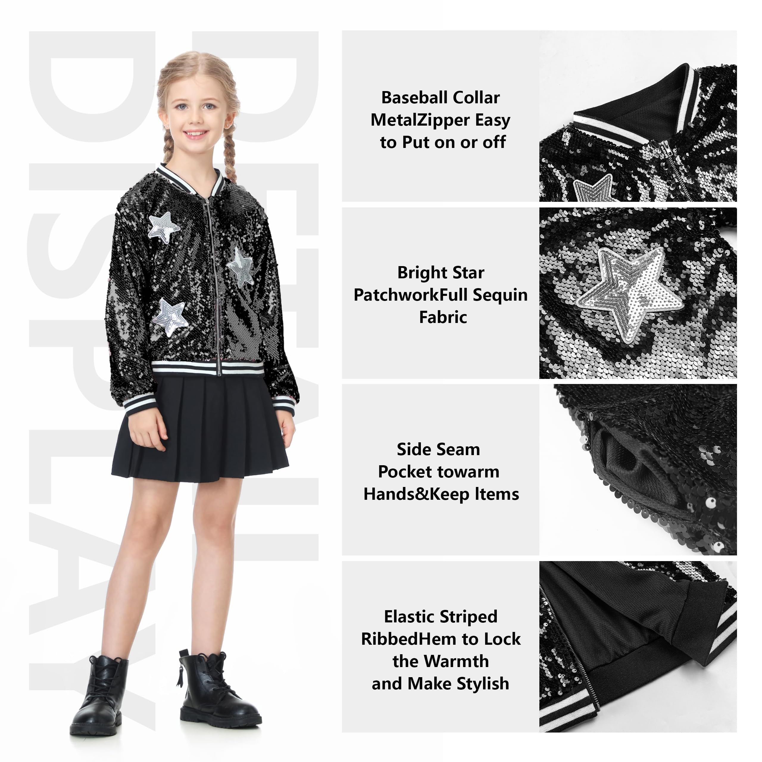 LOLANTA Niñas Lentejuelas Bomber Chaqueta con Bolsillos Cremallera Manga Larga Sparkle Béisbol Chaquetas para Niños 4-11 años