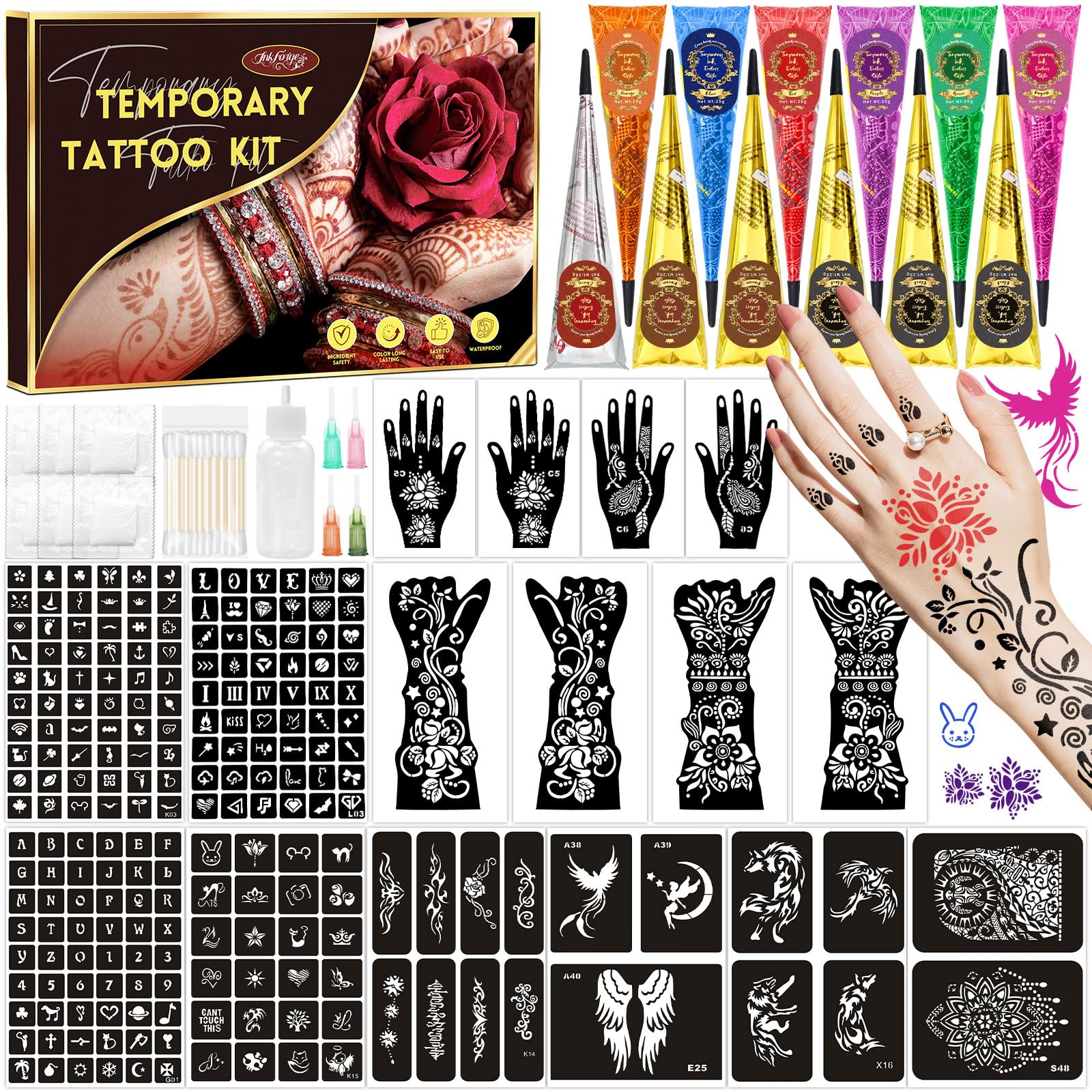 217 PCS Temporary Tattoo Stencil Kit with 12 Tattoo Cones in 9 Colors,16 Sheet Designed Tattoos Pattern Templates for Kids Adults Body Art DIY Skin Painting Gifts Set for Party Festival