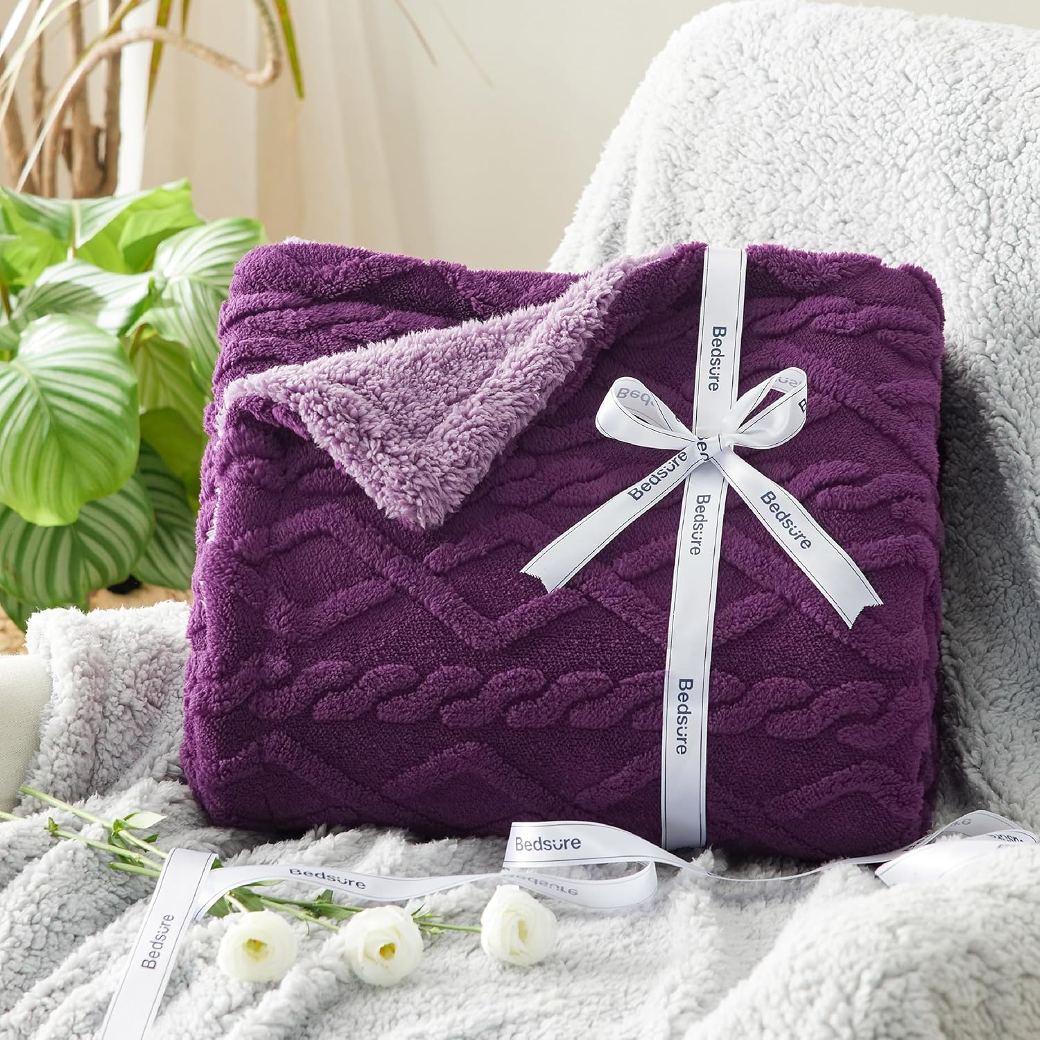 Bedsure Gentlesoft Sherpa Fleece Blanket Twin Size for Bed - Fluffy & Cozy Cable Jacquard Tufted for Women Gift, Thick and Warm Christmas Blanket for Winter, Purple, 60x80 Inches - Image 7
