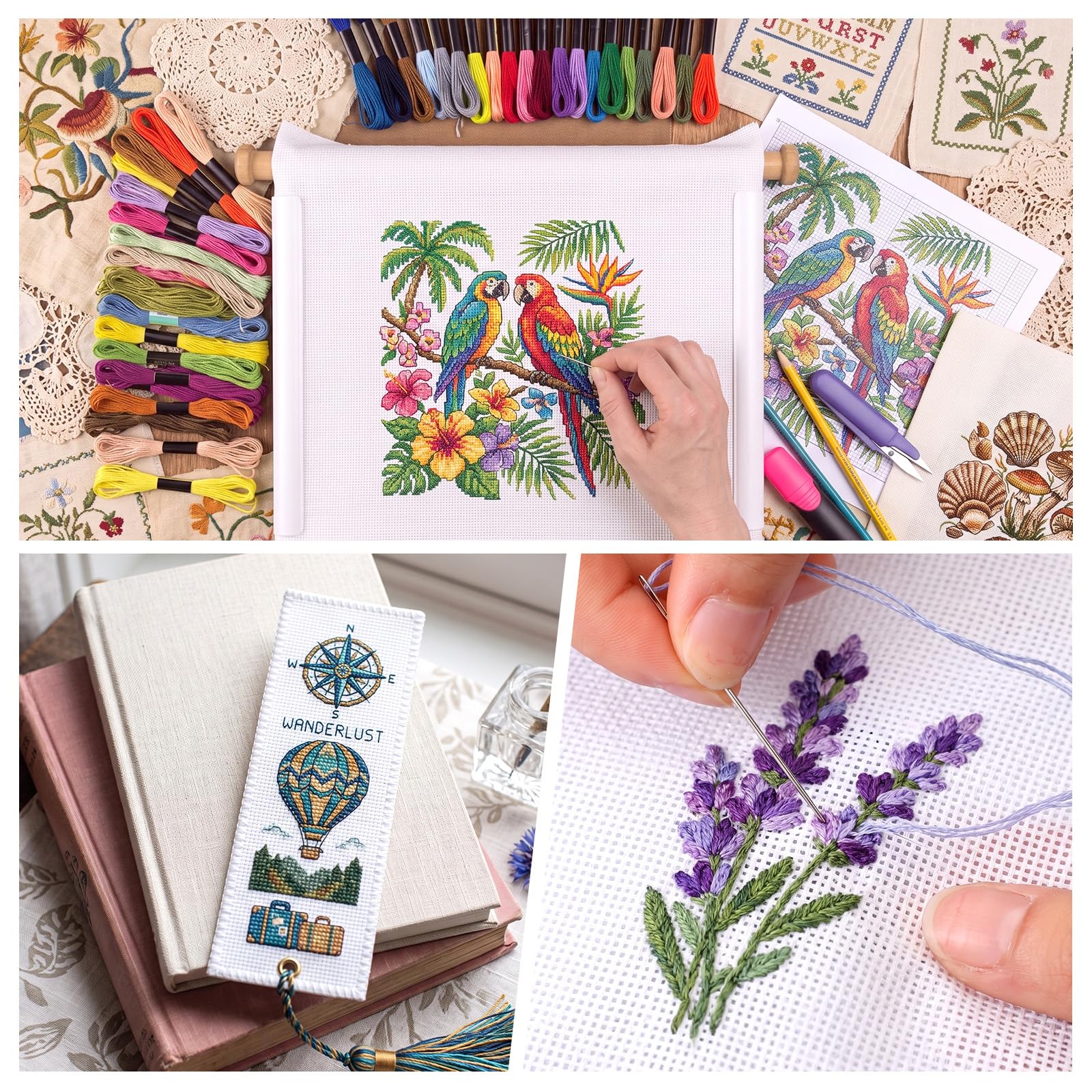 Zeyune Confezione da 4 kit di tela da ricamo con 13 maglie da 91 x 106 cm, grande tela da ricamo in cotone con 36 fili e 5 aghi, kit per principianti per lavori fai da te, decorazioni per la casa