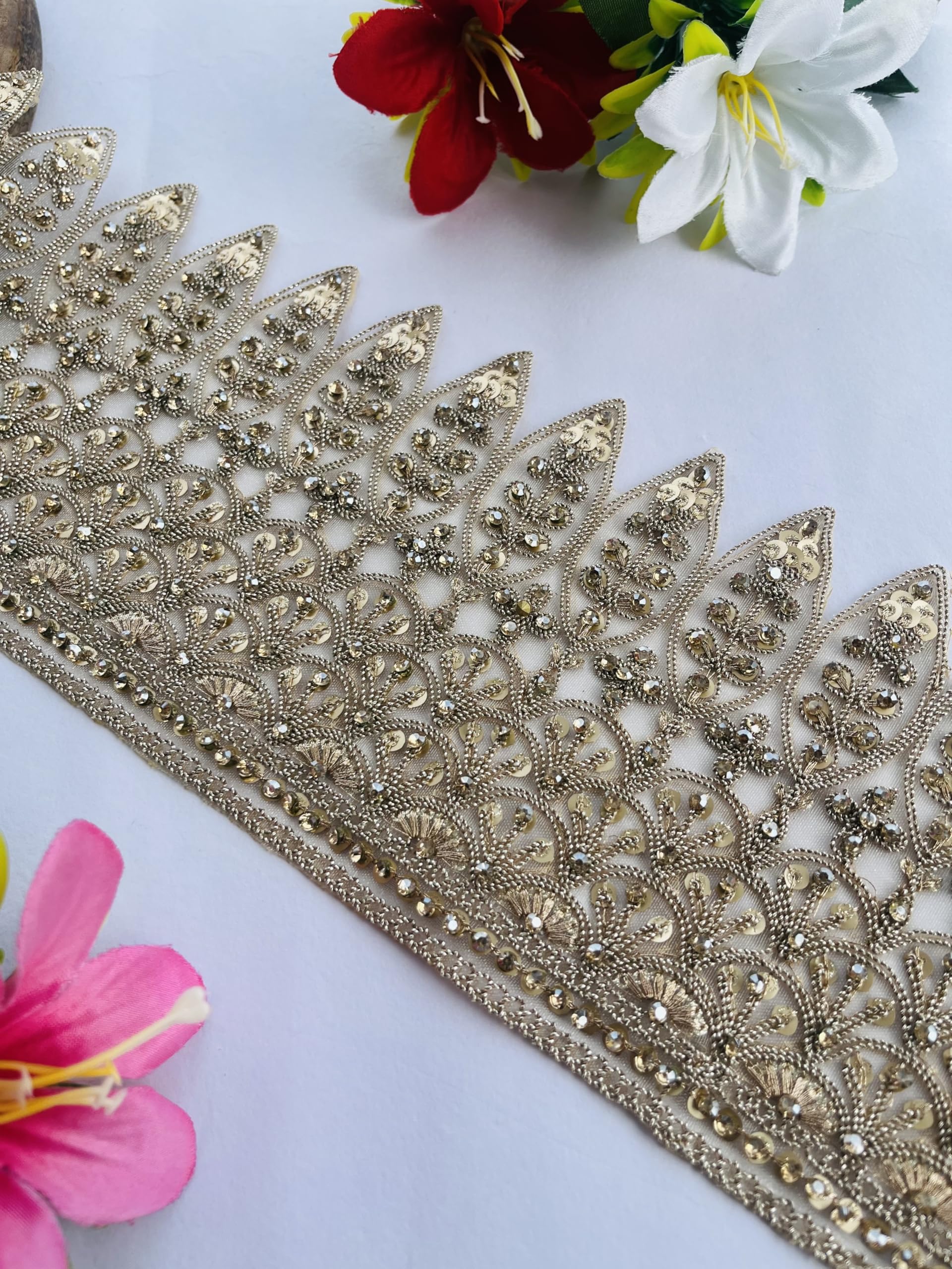 Ribete de encaje dorado nupcial con circonitas, borde de ondas para gala de 3 yardas