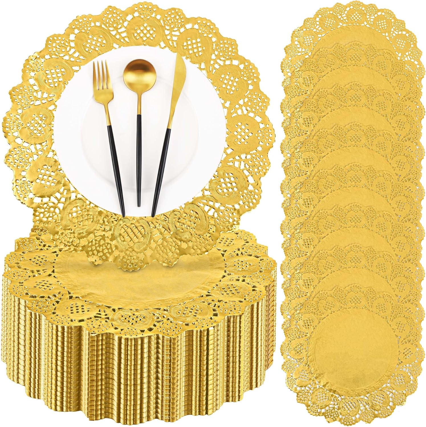 MCEAST 288 Pieces 14 Inch Gold Paper Doilies - Disposable Foil Lace Round Lace Doilies for Cakes, Crafts, Weddings, Party Tableware Decoration