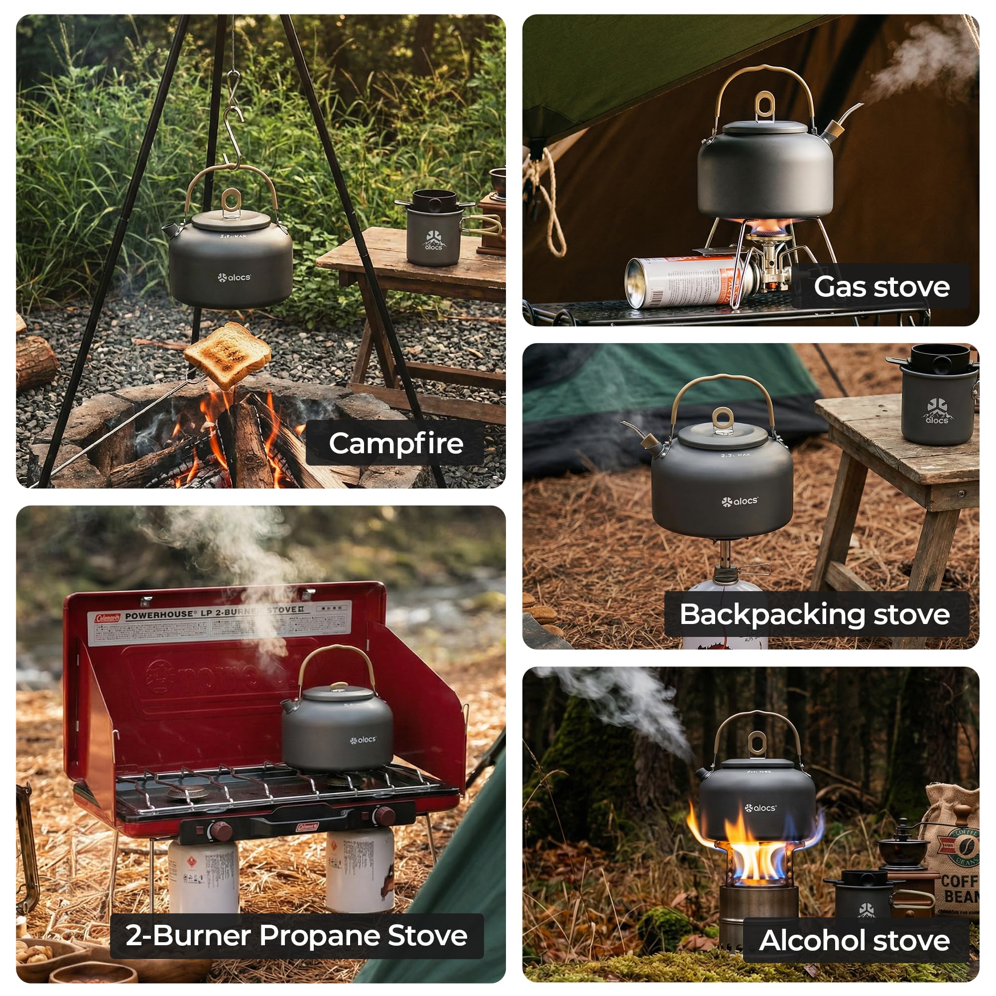 Alocs Cafetera de camping de 2,3 L, hervidor de camping con kit de café vertido, hervidor de viaje plegable, portátil para camping, hogar, oficina, uso al aire libre