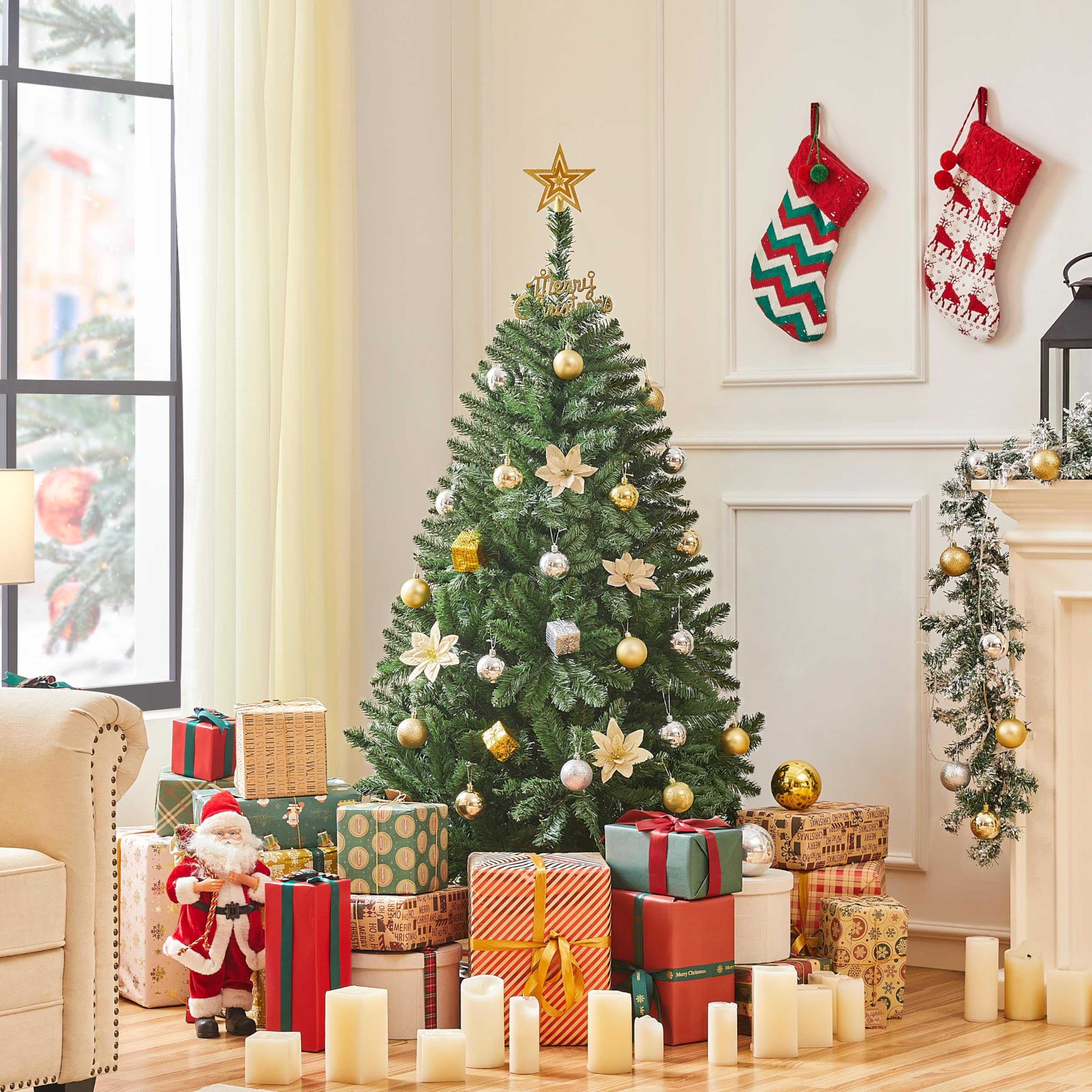 Yaheetech Sapin de Noël Artificiel 152 cm avec 437 Branches, Résistant au Feu, Support Métallique avec Veinures en Bois de Sapin Inclus, Décoration de Noël Fête