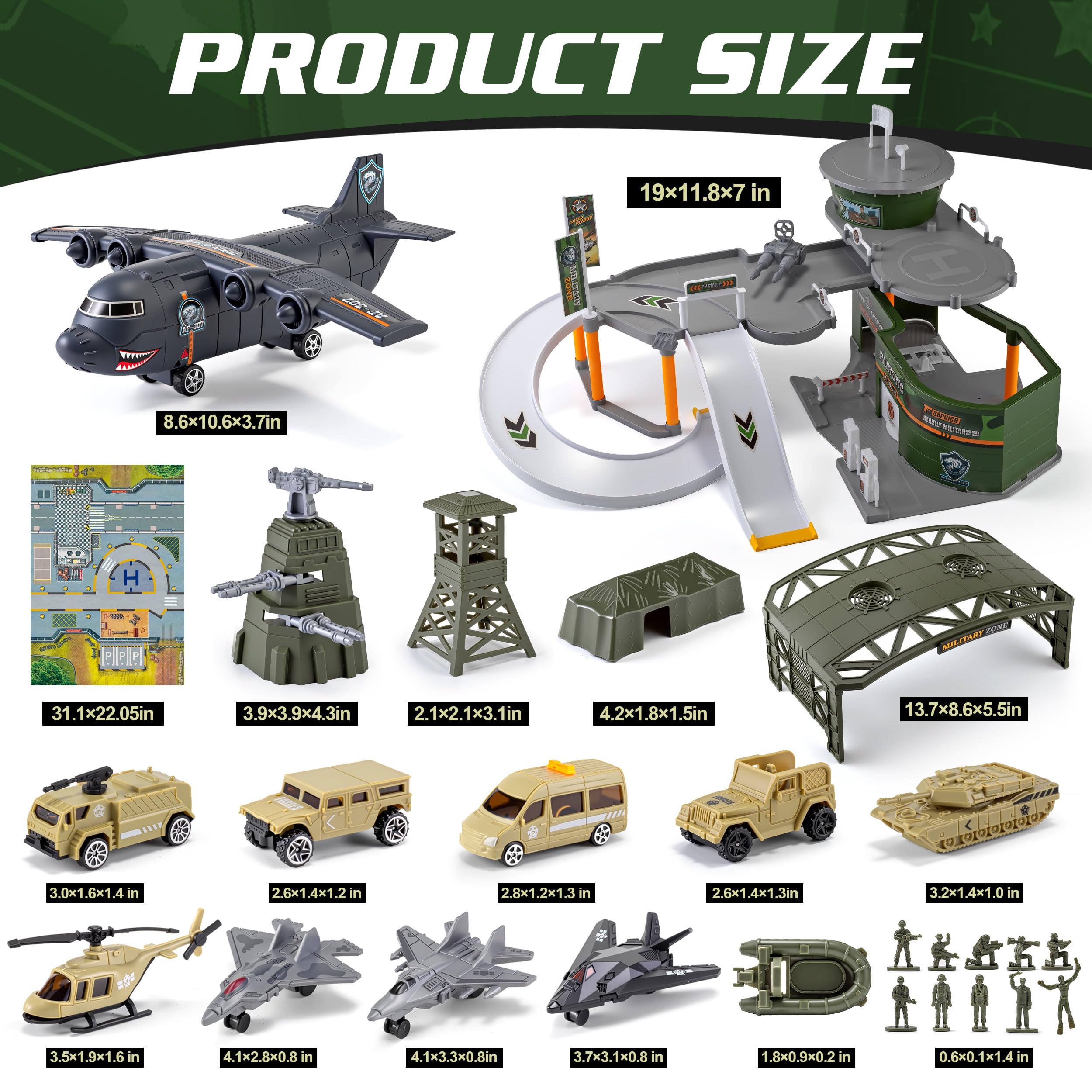 Juego de pista de carreras de juguete de base militar con avión, tanques, autos, helicópteros, aviones de combate, figuras de acción del ejército y alfombra de juego, juguetes de vehículos del 3