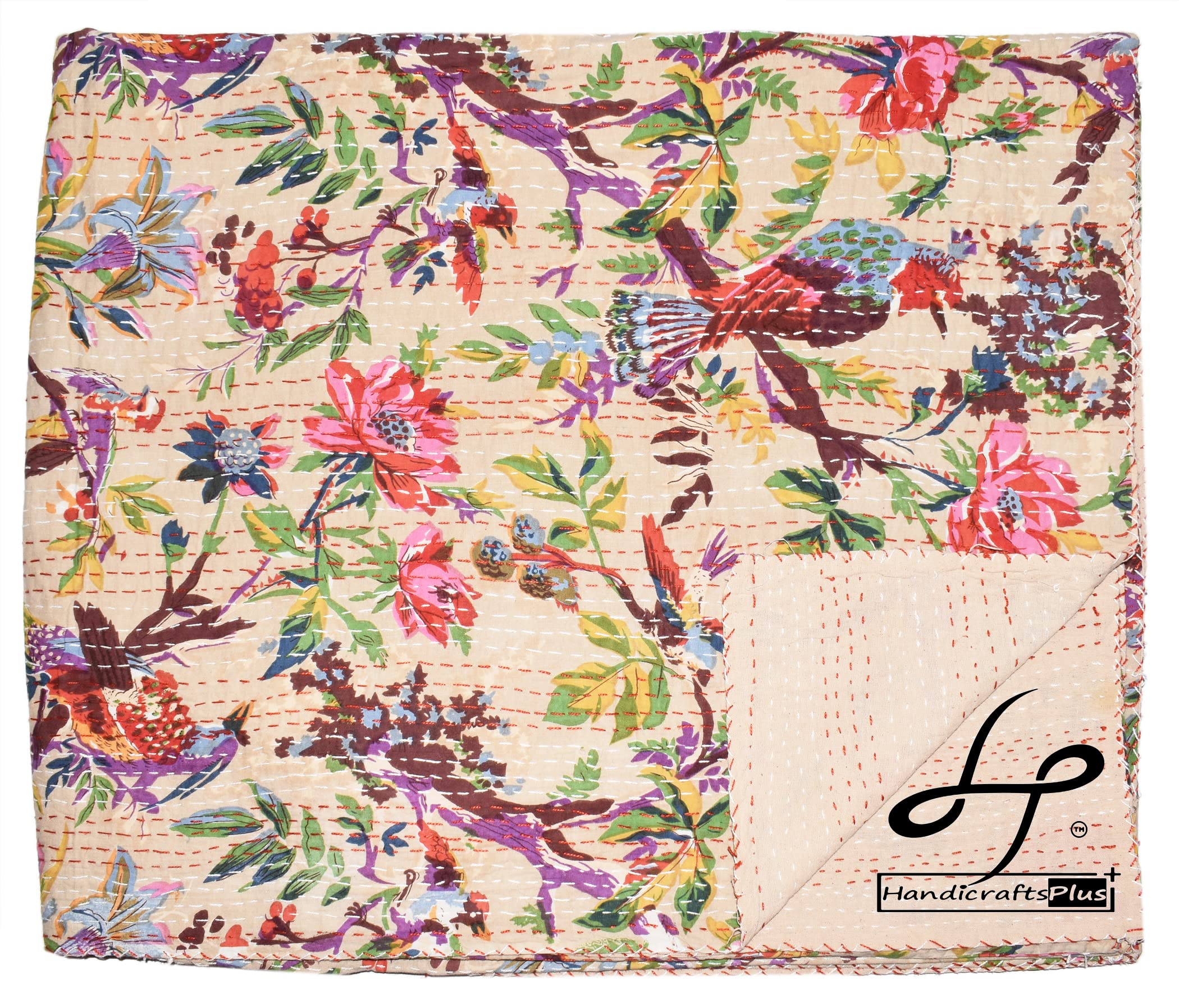 Handicrafts Plus Kantha Home Decor Bedsheet Beautiful Bird Print Coverlet Beige Color King/Queen Size Kantha Bedding 90x108''