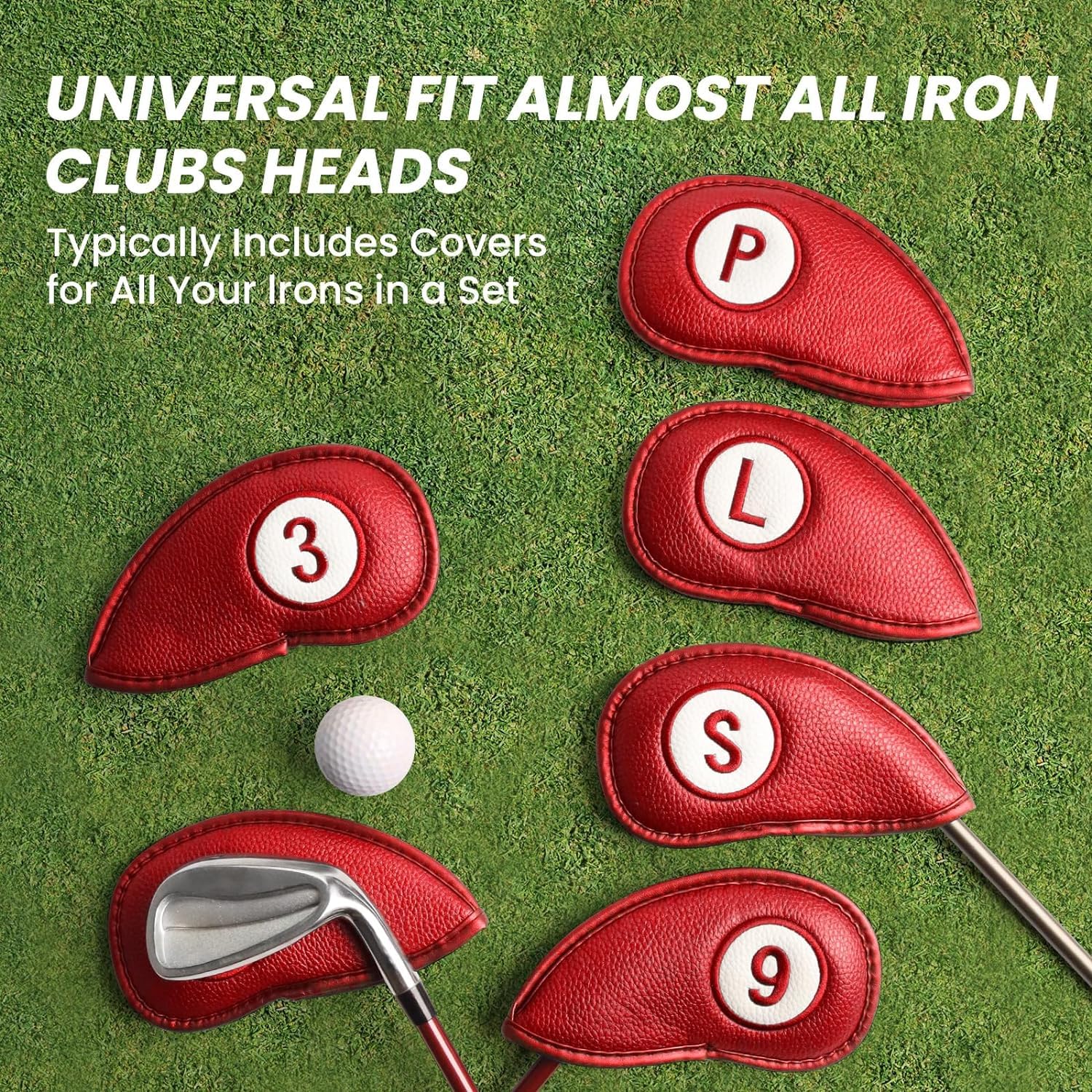 Juego de 11 fundas para cabezas de palos de golf con cierre magnético, fundas de cuero sintético de lujo impresas con doble número, color rojo grueso profesional, para todos los palos de hierro (rojo)