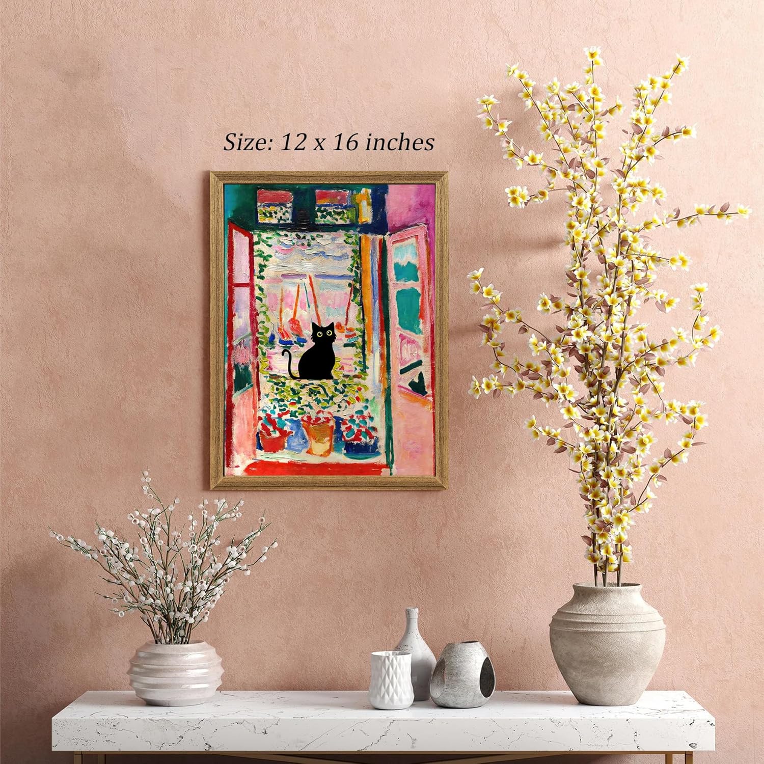 Fantasy Artists Henri Matisse Cat Wall Art, Framed Open Window Black Cat Canvas Poster Prints, Abstract Aesthetic Wall Decors for Living Room, Oil Paintings for Room Bathroom Decorations 12" X 16"