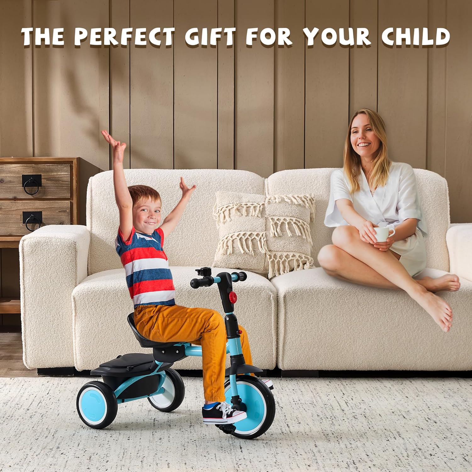 Toddler Tricycle, Kids Tricycle with Bell, Foldable Kids Trike for Age 18 Months to 5 Years, Baby Trike with Adjustable Seat, Gift for Boys and Girls, Blue
