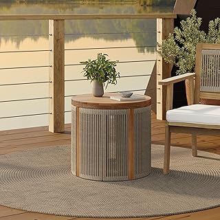 LuxenHome Outdoor Coffee Table, 17'' Tall Rope Modern Acacia Wood Outdoor Side Table for Patio, Garden Accent Round End Tables for Outside, Wooden Drum Table Indoor and Outdoor