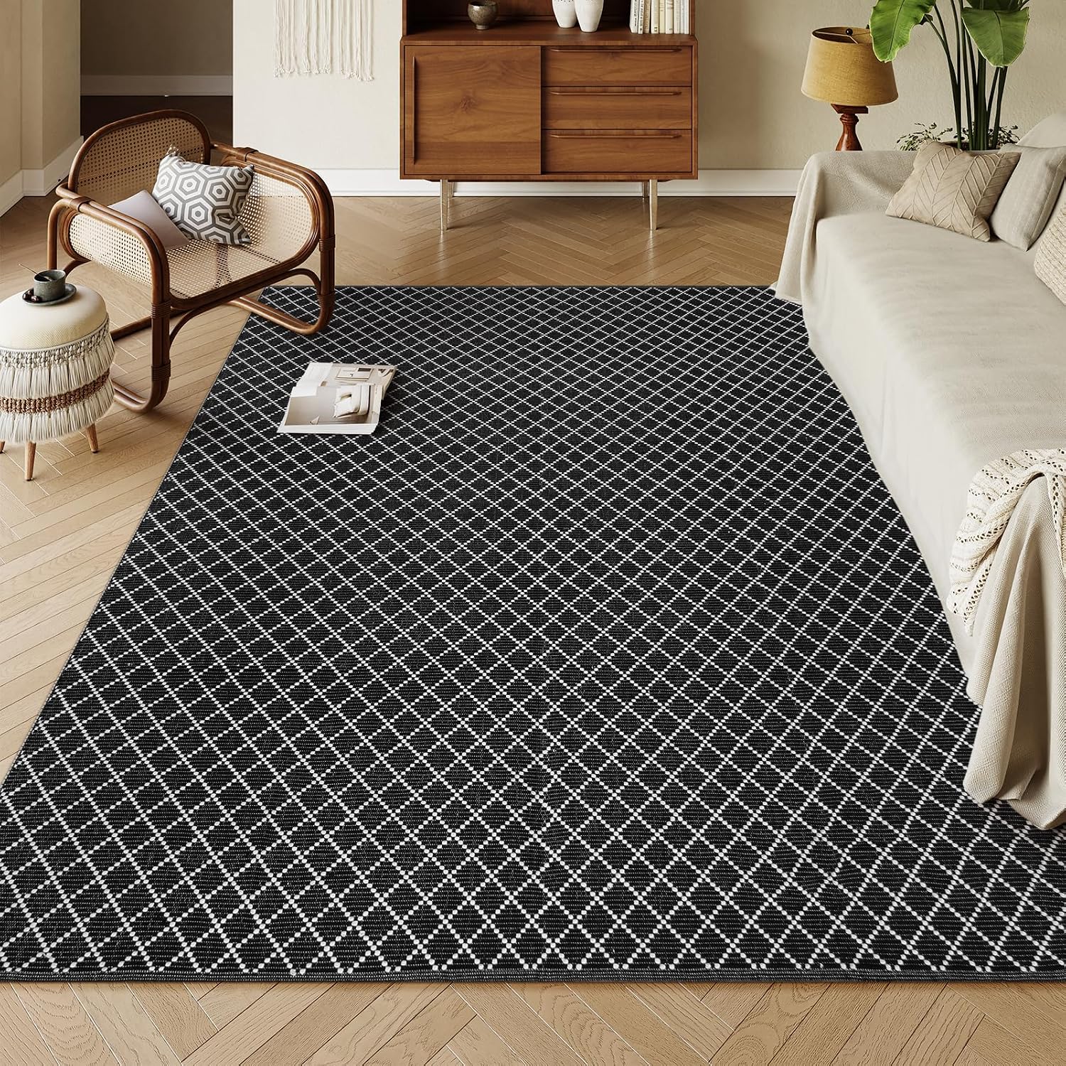 Lahome Black Cotton Rug for Bedroom, 6x9 Checkered Kids Playroom Lightweight Washable Non Shedding Carpet for Living Dining Room