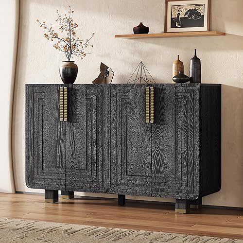 JIVOIT Retro Buffet Cabinet with Storage, 54" Wood 4-Door Vintage Fluted Sideboard with Adjustable Shelves and Gold Wave Handles for Dining Room, Kitchen, and Living Room (Black/470) - Black/470