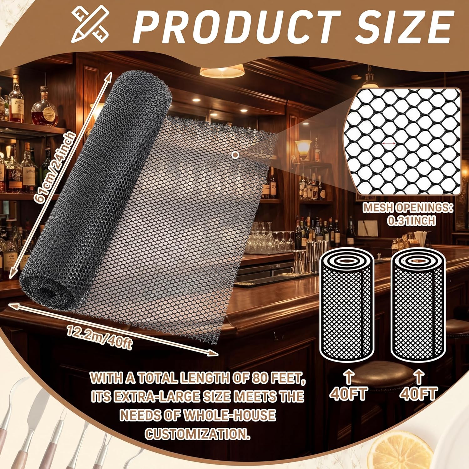 Geelin 2 Rolls 24'' W x 40' L Bar Shelf Liner for Countertop Glass Drying Mesh Liners Mat Thick Strong Grip Non Slip Plastic Shelf Liners for Kitchen Cabinets Cupboards Drawers, Easy to Cut(Black)