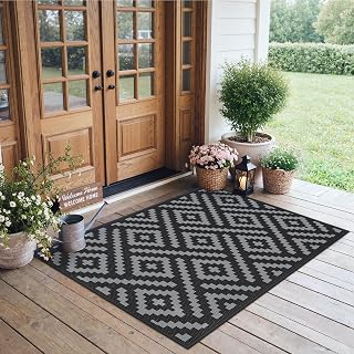 GENIMO Outdoor Rug 3'x5' Waterproof for Porch, Plastic Door Mat Black Grey