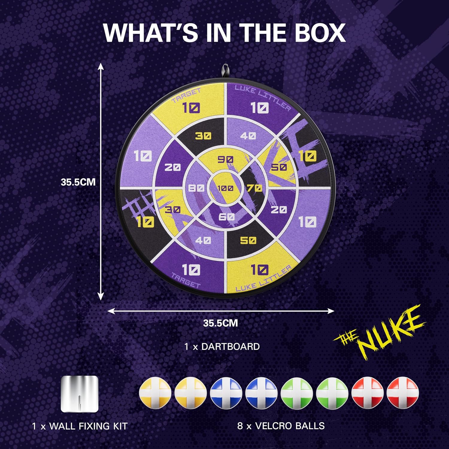 Target Darts Luke Littler Sticky Ball Fabric Dartboard Set for Kids | Player Edition ‘The Nuke’ Hook & Loop Balls Dart Board Game Set with 8 Sticky Balls | Indoor & Outdoor Use, Children Party Games