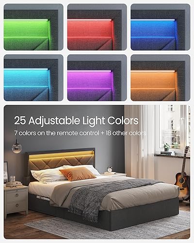 Miniatura 3 de VASAGLE Base de cama LED tamaño Queen, cama Queen con cabecera y 4 cajones, 1 puerto USB y 1 puerto tipo C, cabecera tapizada ajustable de 36.739.3