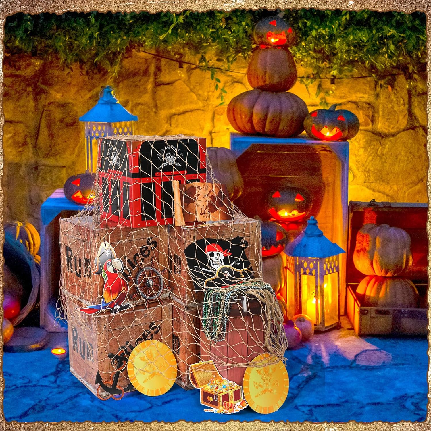 JellyArch 28 Pcs Pirate Themed Party Decorations Imitation Treasure Wooden Boxes Jewelry Fishing Net Adventure Cardboard Boxes for Pirate Nautical Caribbean Birthday Photo Booth Props