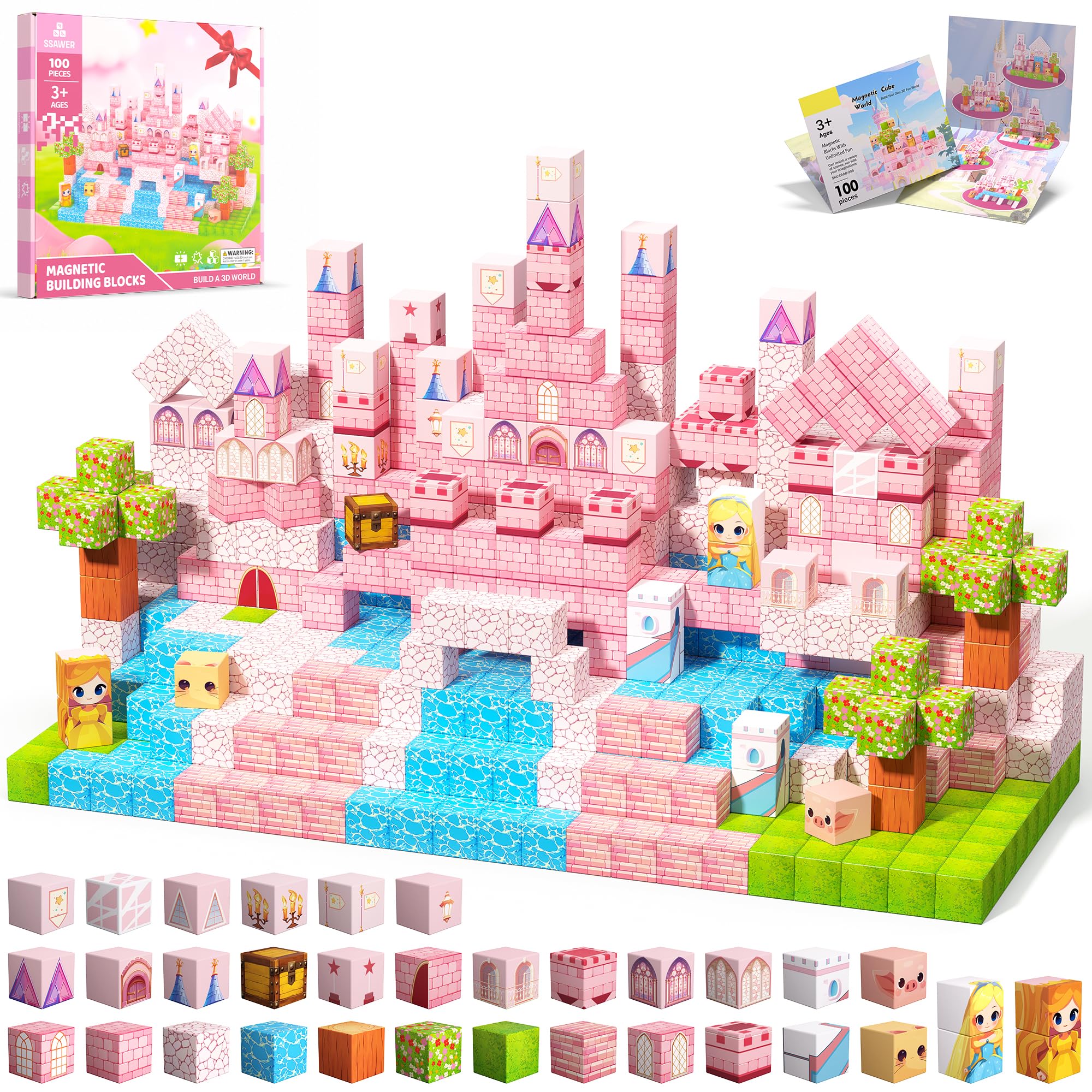 CraftyNest Magnetic Blocks for Girls, 100PCS Magnetic Tiles Building Blocks, Magnet Cubes Stem Sensory Game Toys Christmas Birthday Gifts for Kids Girls Age 3+ (Princess Castle)