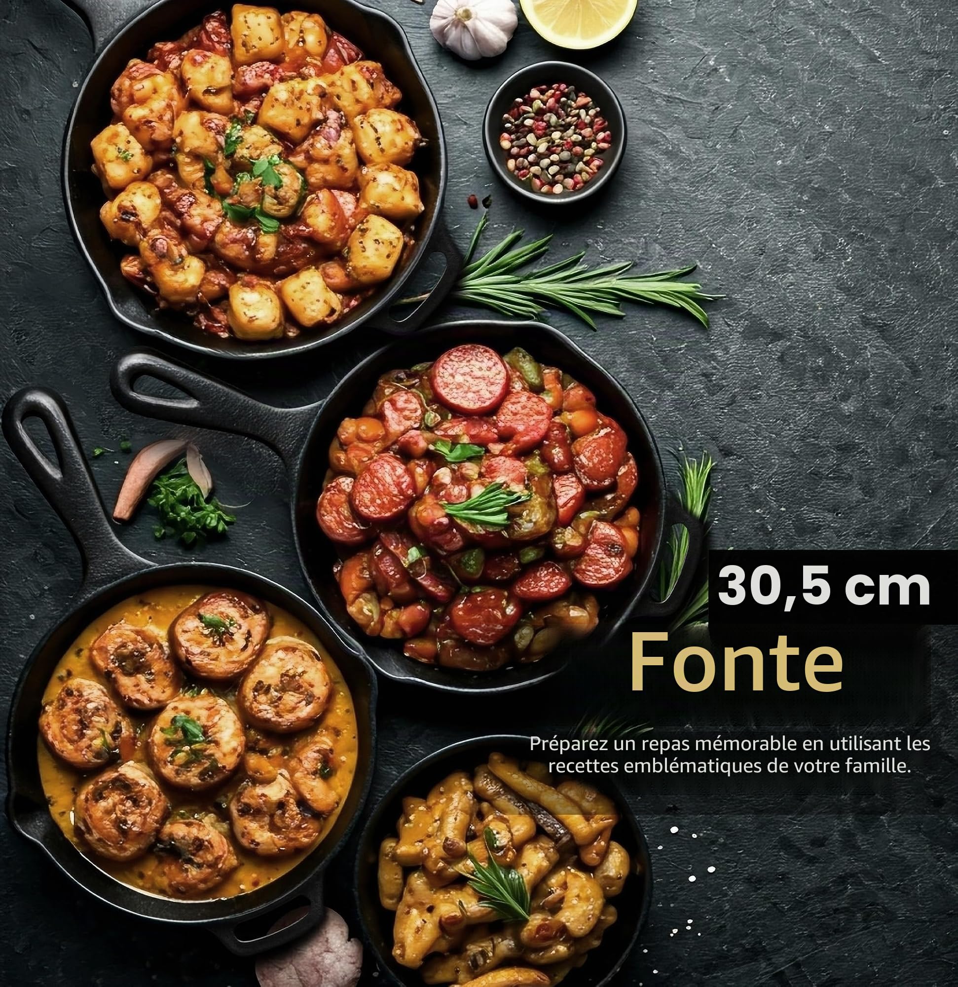 KICHLY Poêle en fonte pré-assaisonnée - Poêle à frire - ustensile de cuisson sûr pour l'intérieur et l'extérieur - Poêle en fonte de 12 pouces (30,5 cm)