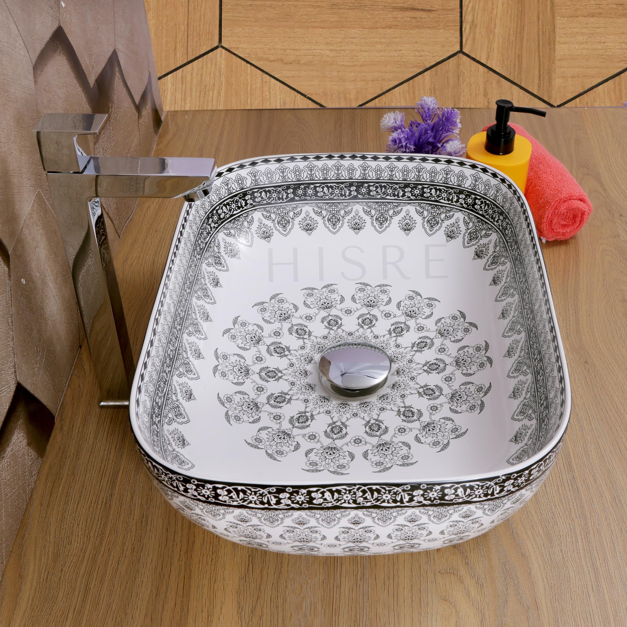 HISRE Table Top Wash Basin For Bathroom | Over Counter Top Wash Basin For Living Room | Washbasin Countertop | Tabletop Ceramic Bathroom Kitchen Sink (18 x 13 x 5.5 Inch) (SKT RANGOLI GREY), photo 4 of 5