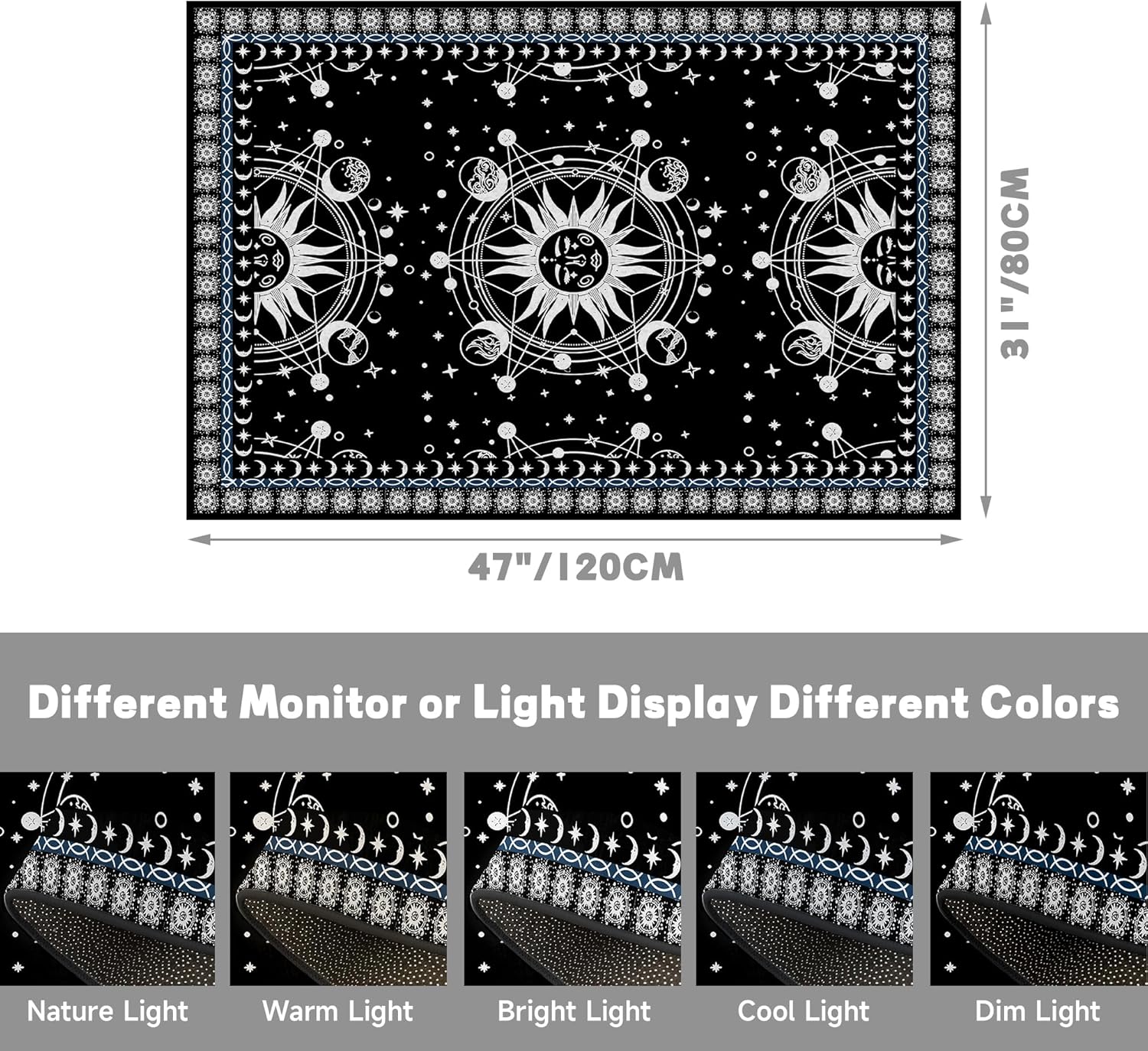 Sun and Moon Rug Boho Celestial Area Rugs for Bedroom Dorm Living Room Bohemian Occult Crescent Solar Stars Galaxy Floor Mat Pad Doormat Carpet,47" X 31",Black