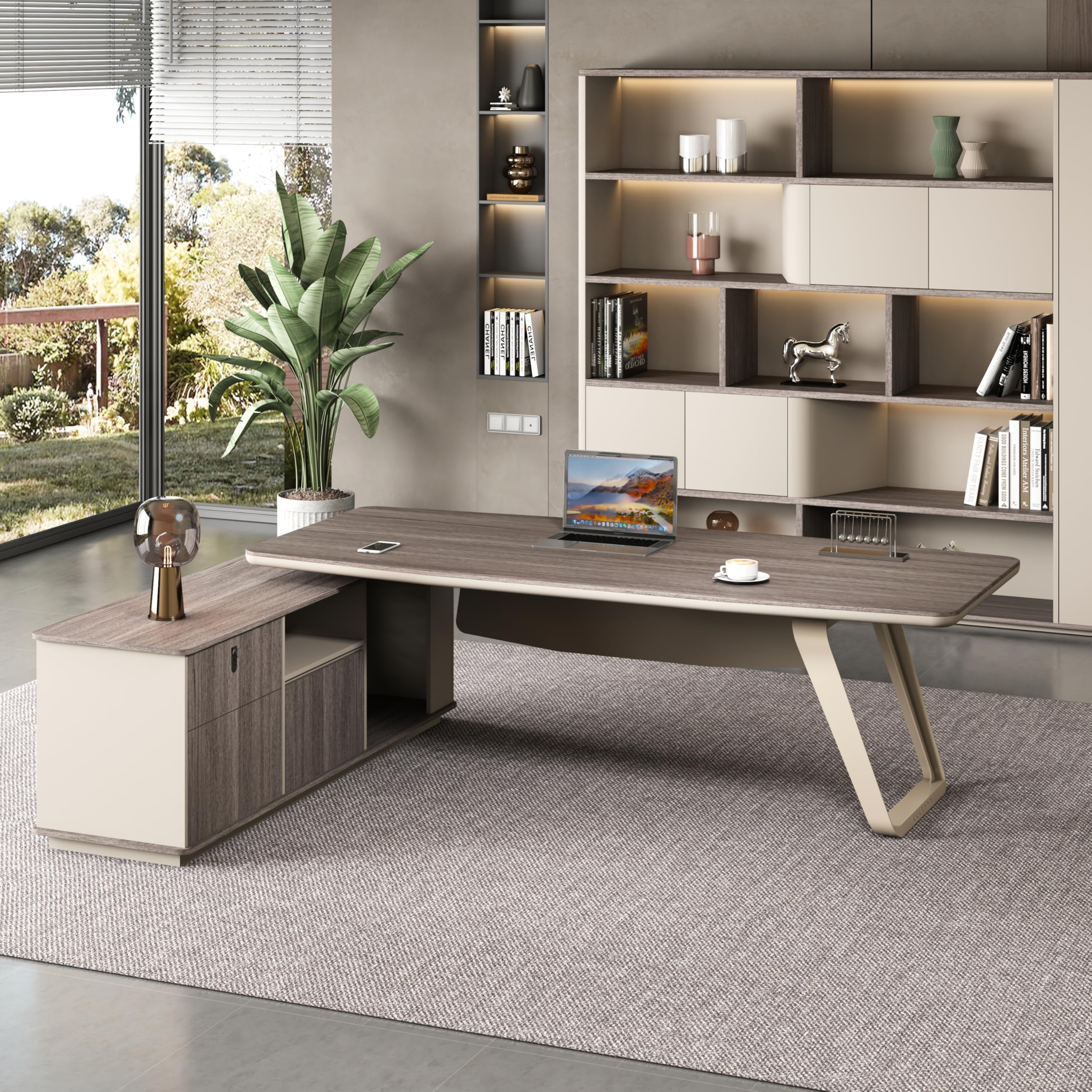 Modern Executive L-Shaped Office Desk with 71&rdquo; Lateral File Cabinet