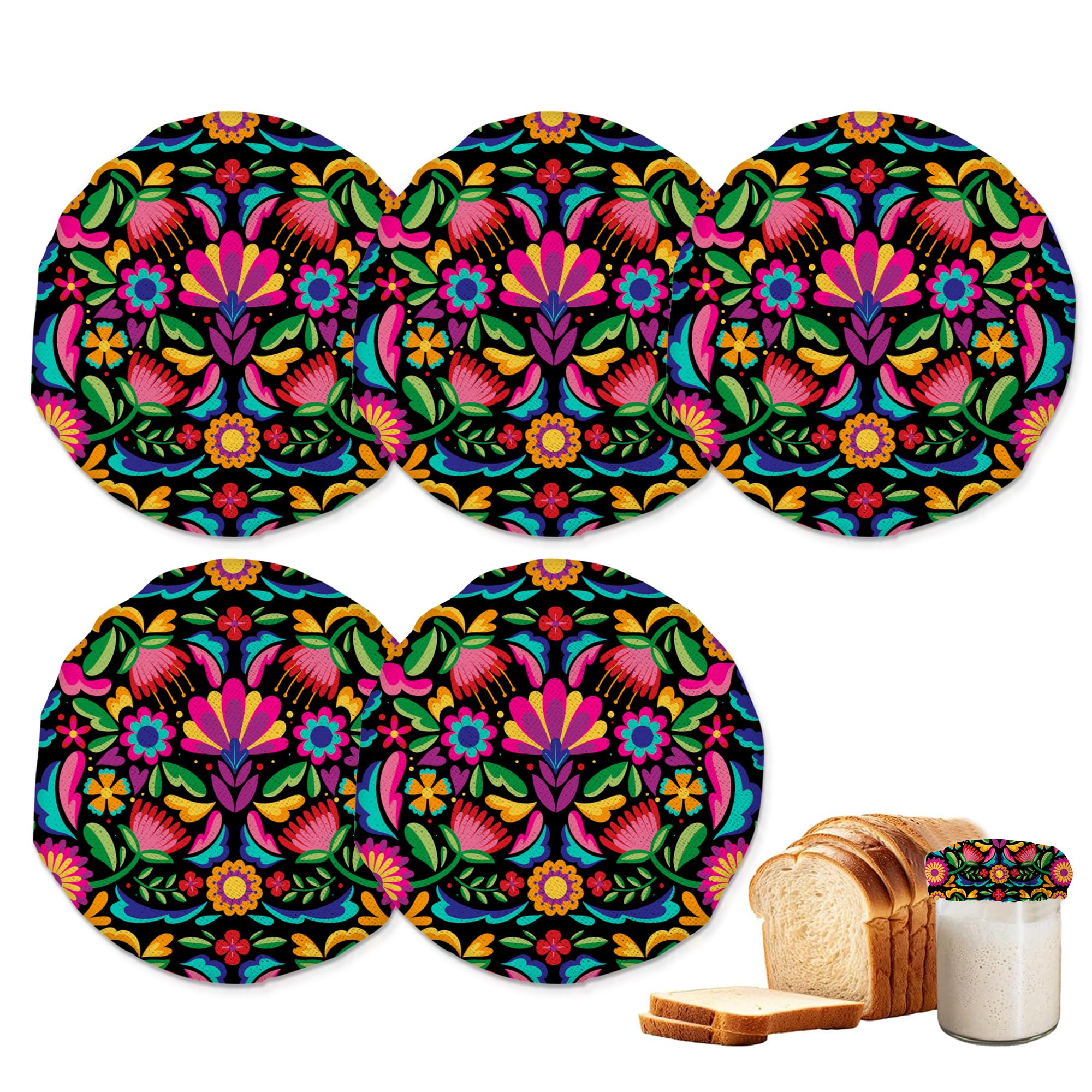 Colorful Floral Mexican Sourdough Jar Cover Reusable Cloth Lid for Sour Dough Starter Jar,5 Pack Bread Fermentation Container Tops Elastic Fabric Caps