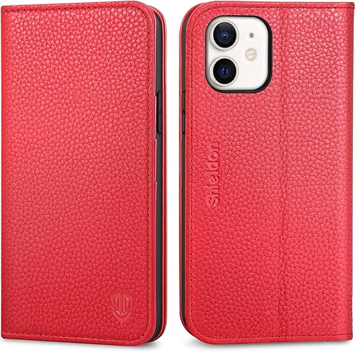 SHIELDON Funda para iPhone 12 Pro, piel auténtica para iPhone 12, funda plegable con función atril, bloqueo RFID, ranuras para tarjetas de crédito,