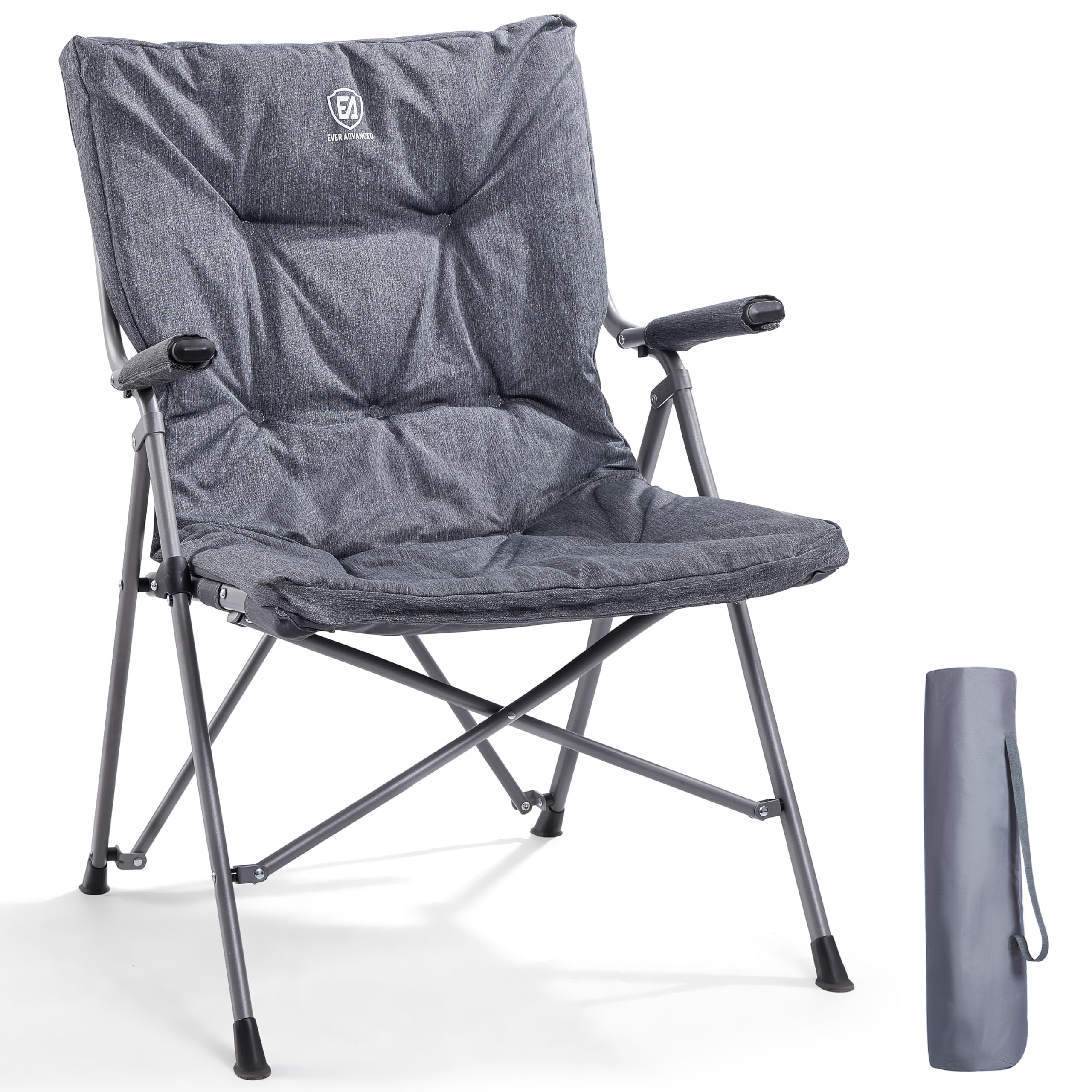 EVER ADVANCED Folding Camping Chair for Adults, Padded Lawn Chairs with Hard Armrests, Portable Collapsible Chair for Outdoor, Patio, Home, Grey